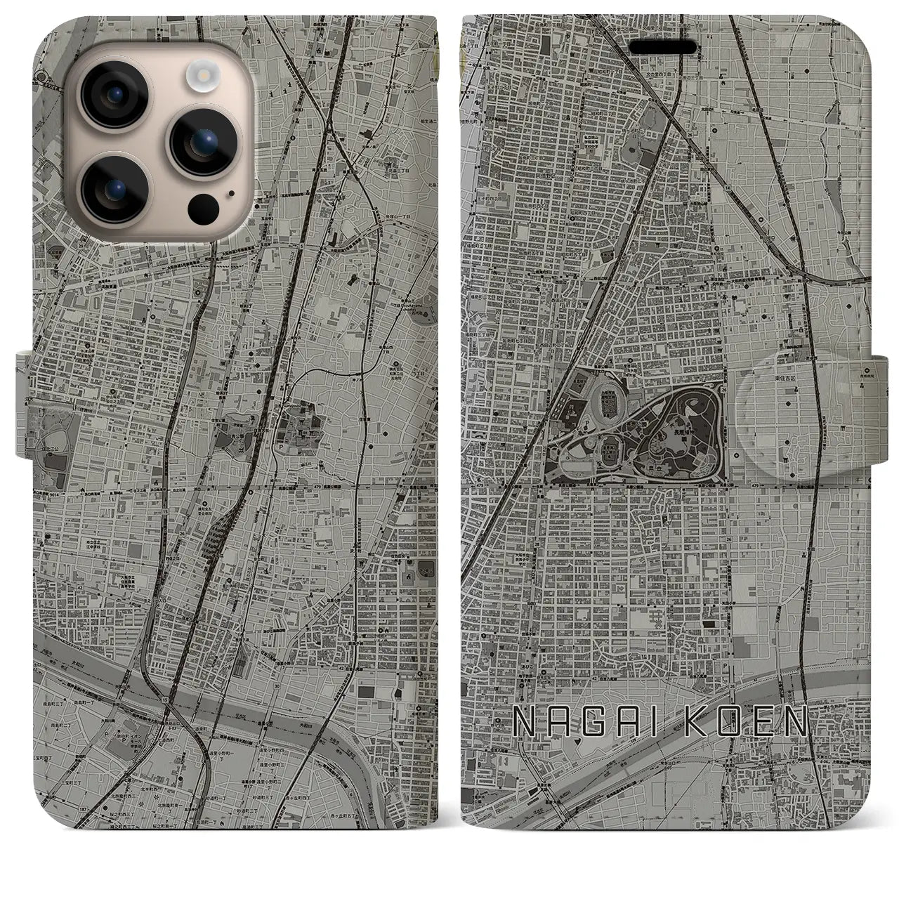 【長居公園(大阪府)】地図柄iPhoneケース(手帳タイプ)モノトーン・iPhone 16 Plus 用