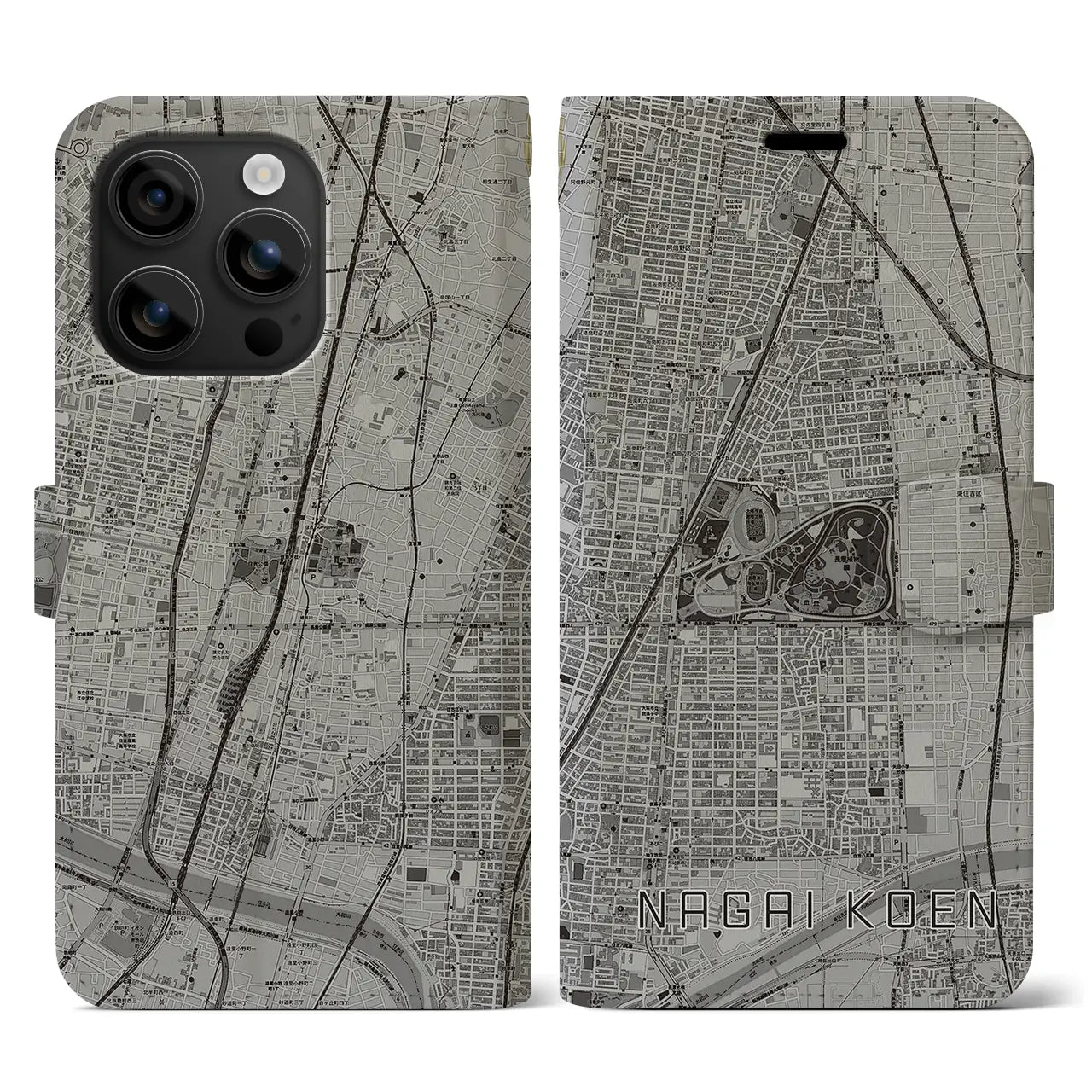【長居公園(大阪府)】地図柄iPhoneケース(手帳タイプ)モノトーン・iPhone 16 用