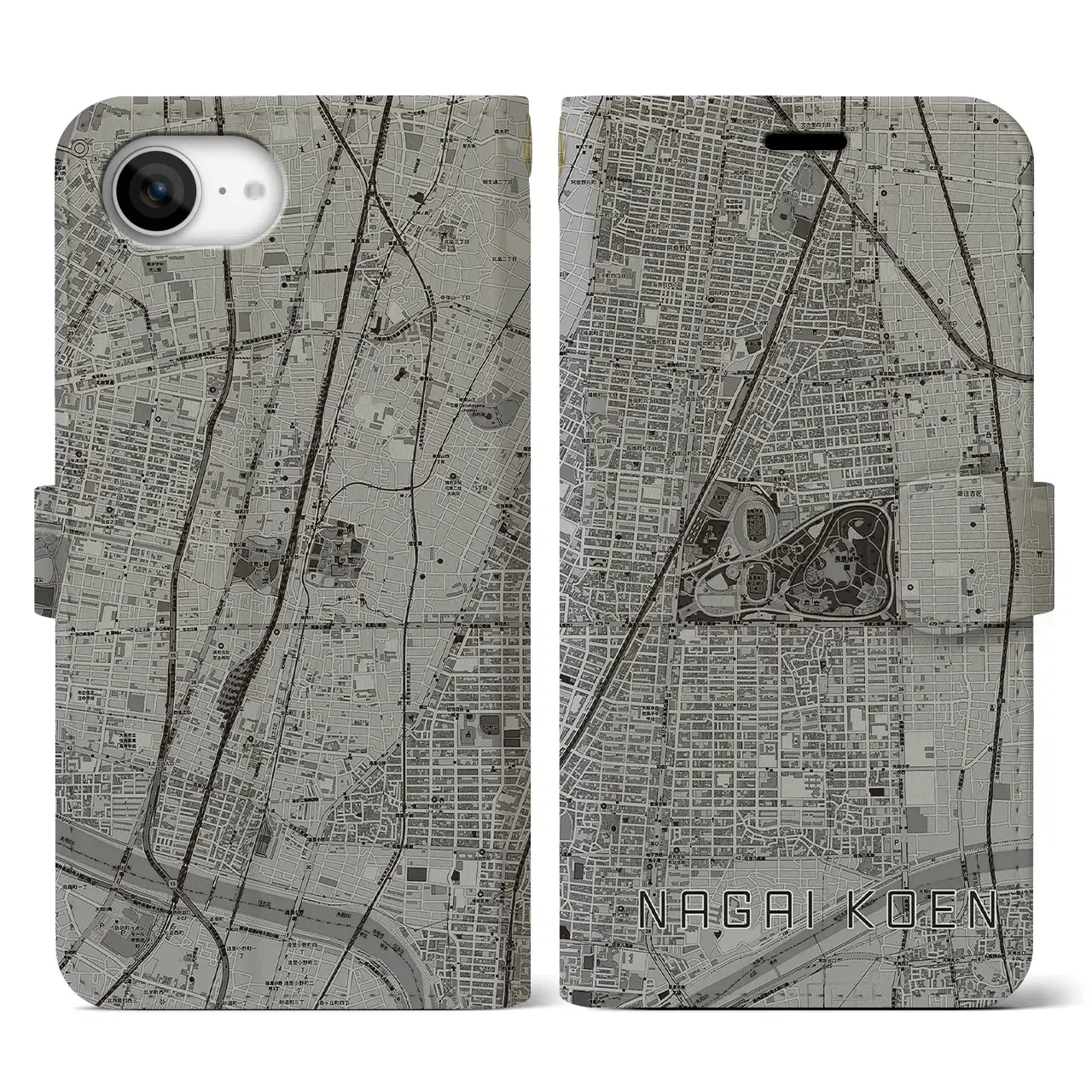 【長居公園(大阪府)】地図柄iPhoneケース(手帳タイプ)