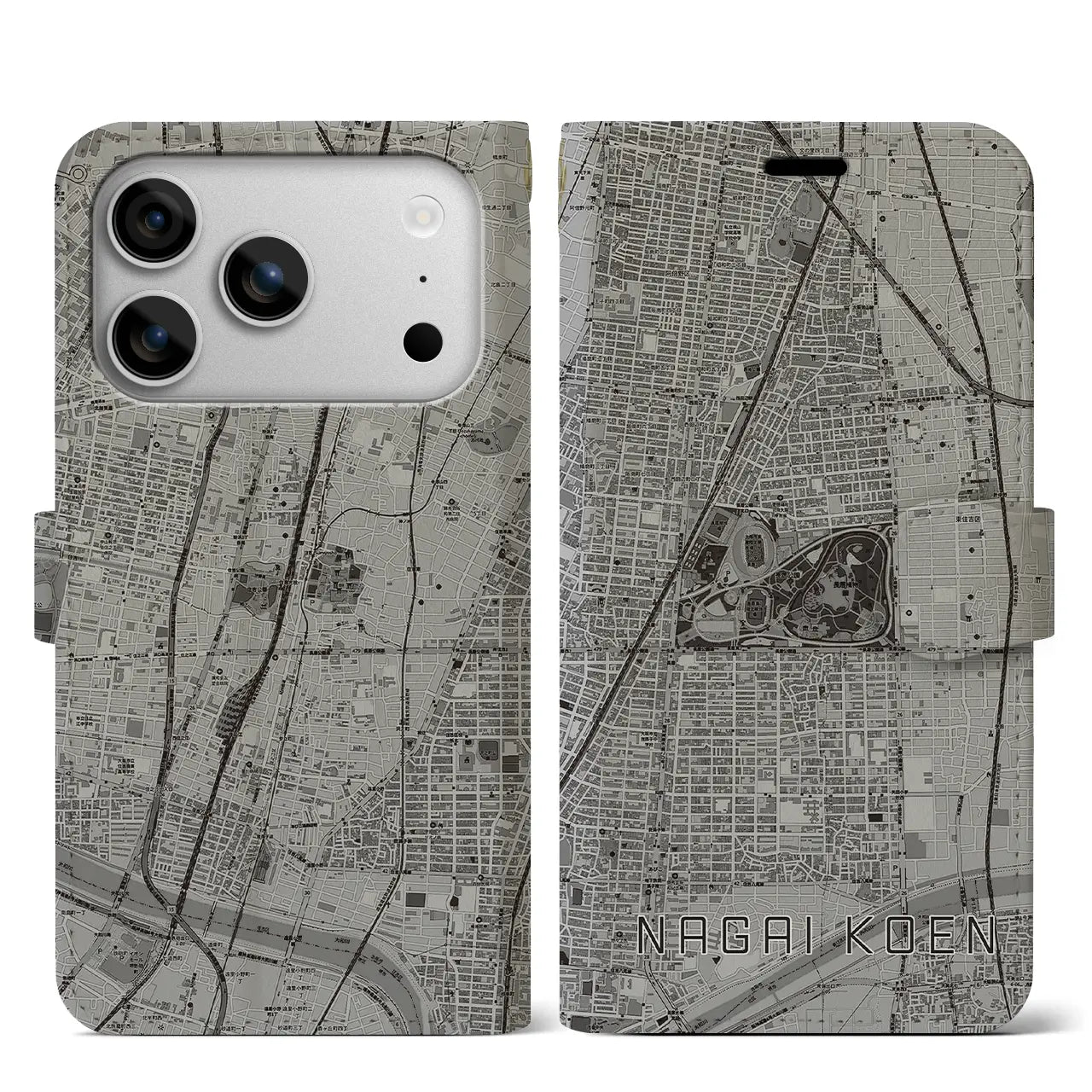 【長居公園(大阪府)】地図柄iPhoneケース(手帳タイプ)