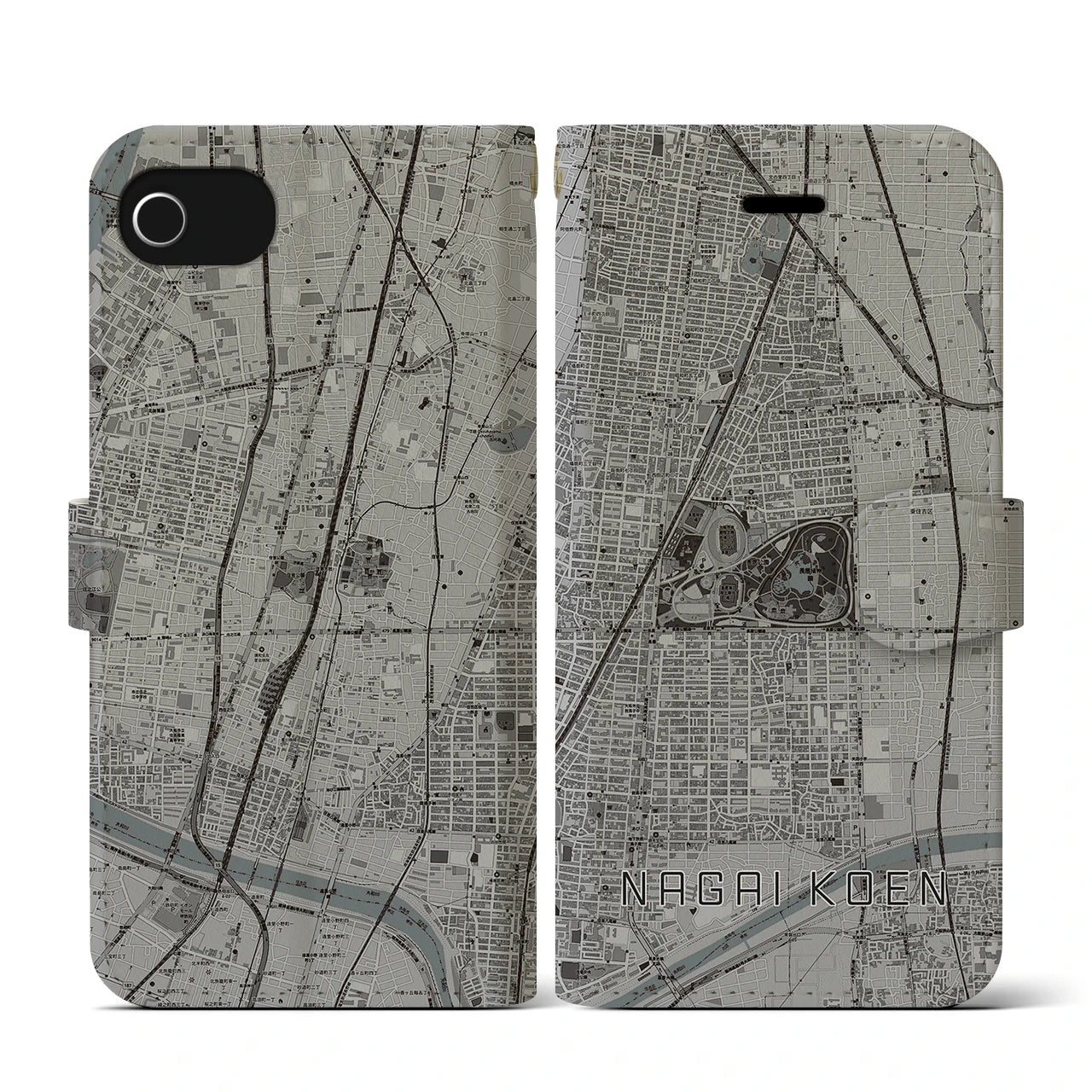 【長居公園(大阪府)】地図柄iPhoneケース(手帳タイプ)モノトーン・iPhone SE(第3 / 第2世代) / 8 / 7 / 6s / 6 用