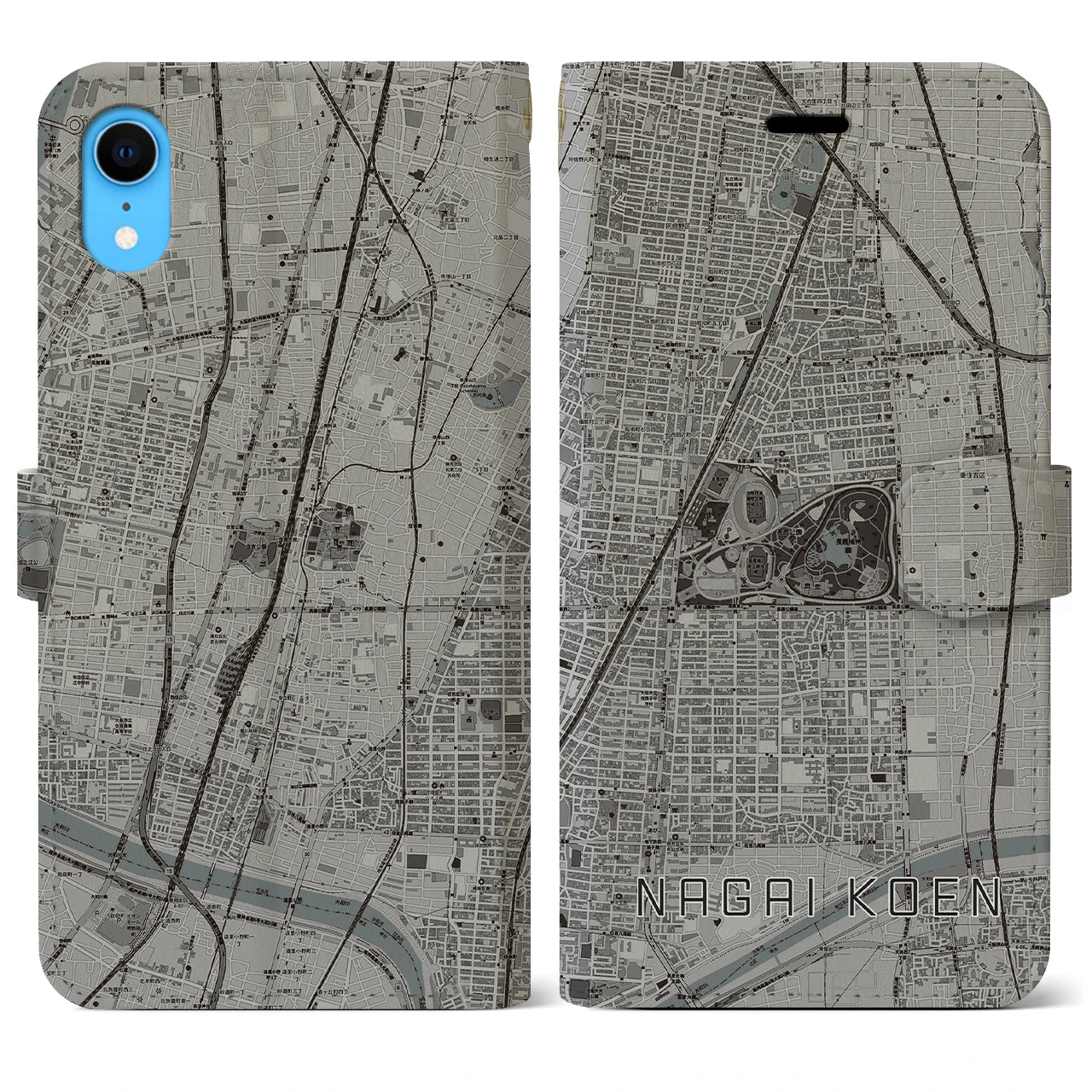 【長居公園(大阪府)】地図柄iPhoneケース(手帳タイプ)モノトーン・iPhone XR 用