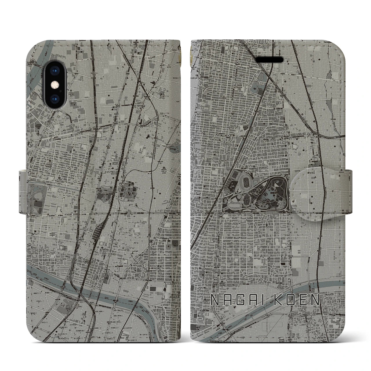 【長居公園(大阪府)】地図柄iPhoneケース(手帳タイプ)モノトーン・iPhone XS / X 用