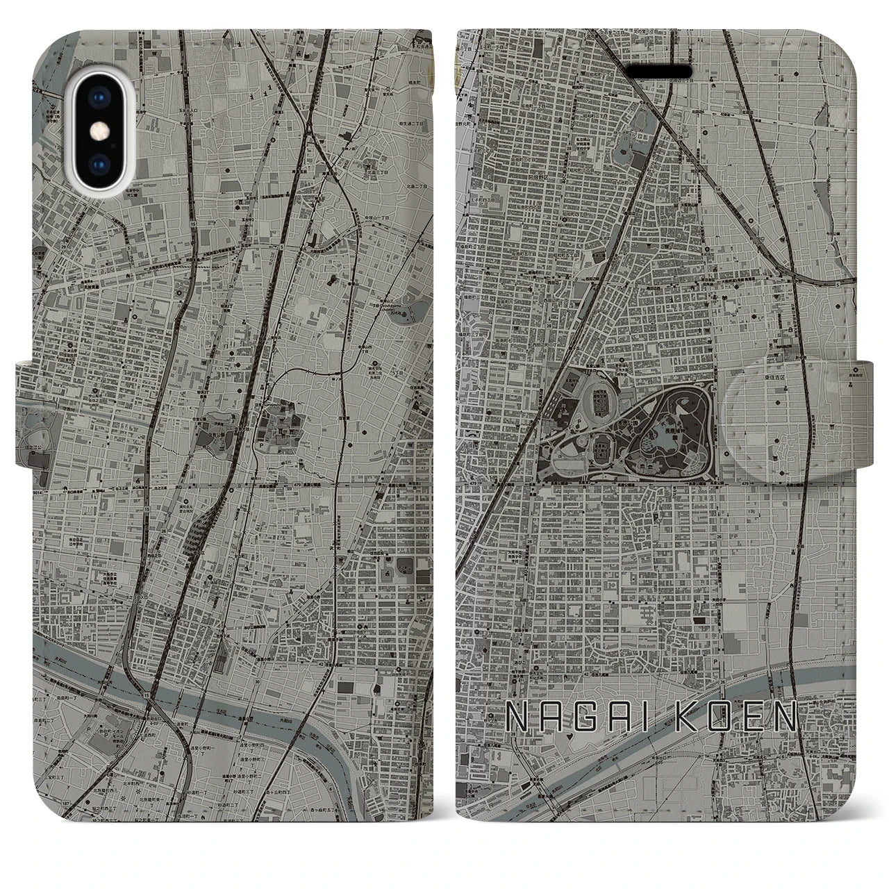 【長居公園(大阪府)】地図柄iPhoneケース(手帳タイプ)モノトーン・iPhone XS Max 用