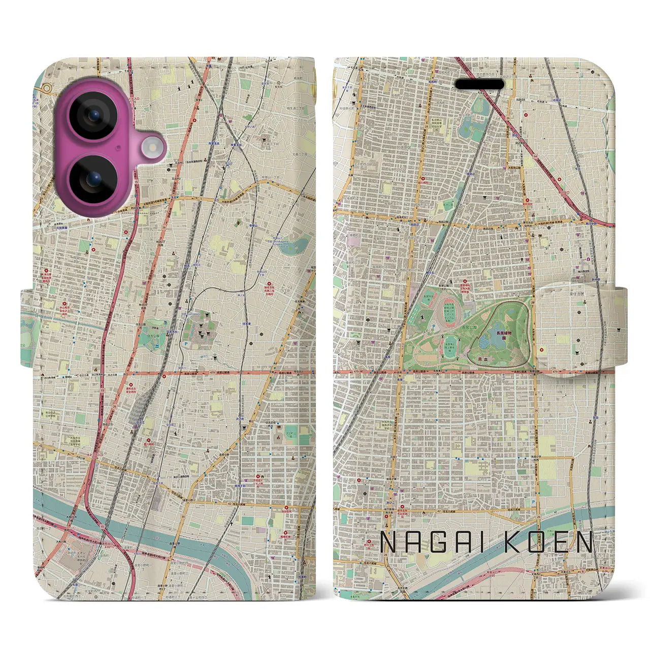 【長居公園(大阪府)】地図柄iPhoneケース(手帳タイプ)ナチュラル・iPhone 16 Pro 用