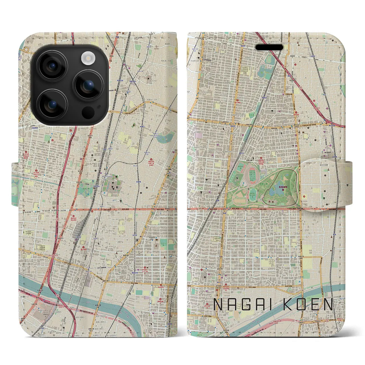 【長居公園(大阪府)】地図柄iPhoneケース(手帳タイプ)ナチュラル・iPhone 16 用
