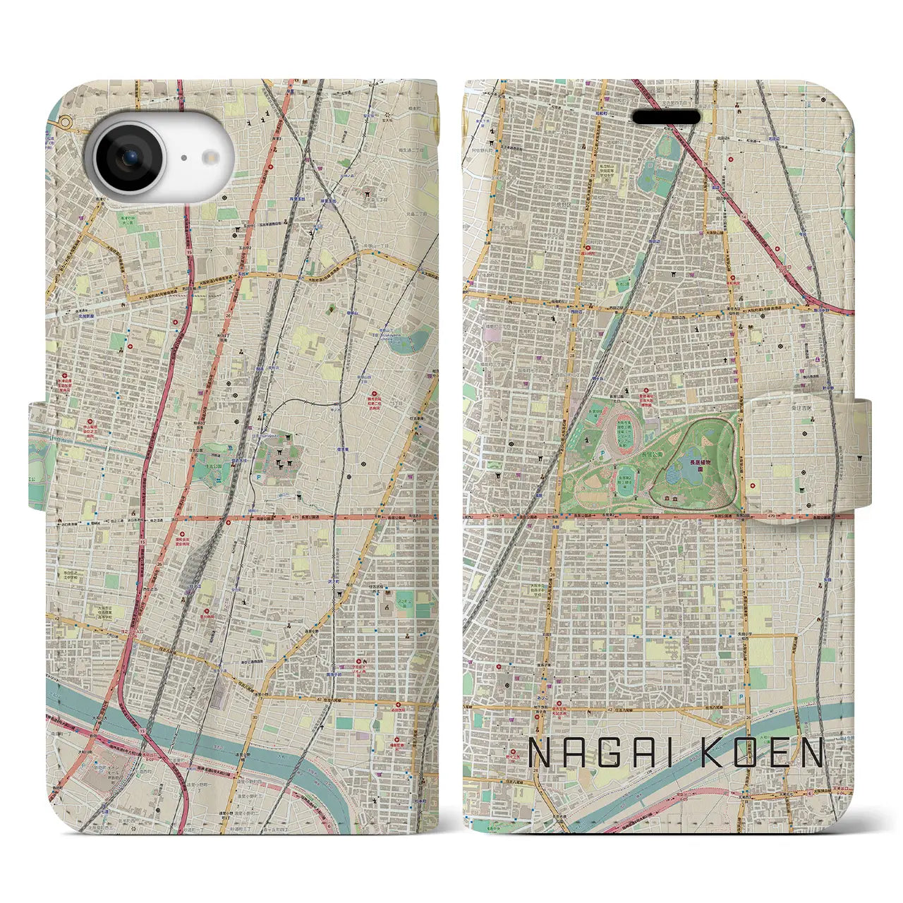 【長居公園(大阪府)】地図柄iPhoneケース(手帳タイプ)