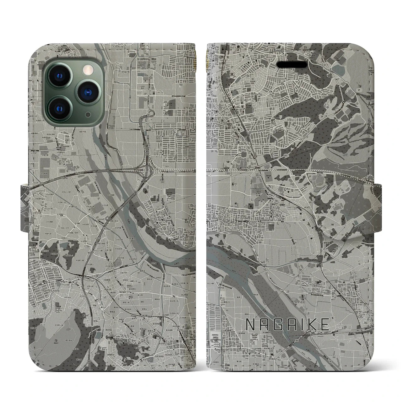 【長池(京都府)】地図柄iPhoneケース(手帳タイプ)モノトーン・iPhone 11 Pro 用