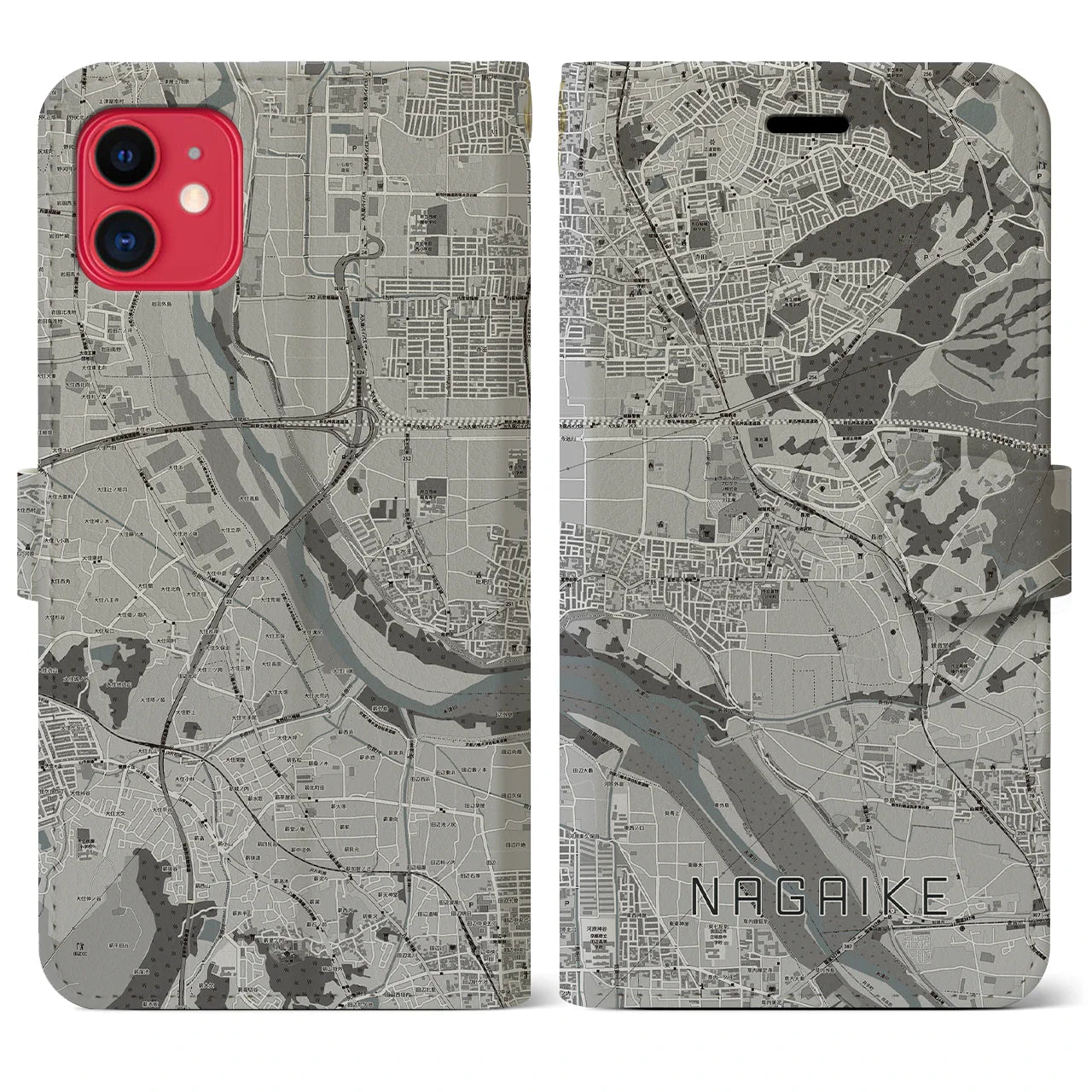 【長池(京都府)】地図柄iPhoneケース(手帳タイプ)モノトーン・iPhone 11 用