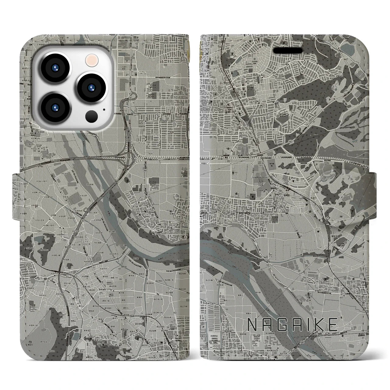 【長池(京都府)】地図柄iPhoneケース(手帳タイプ)モノトーン・iPhone 13 Pro 用