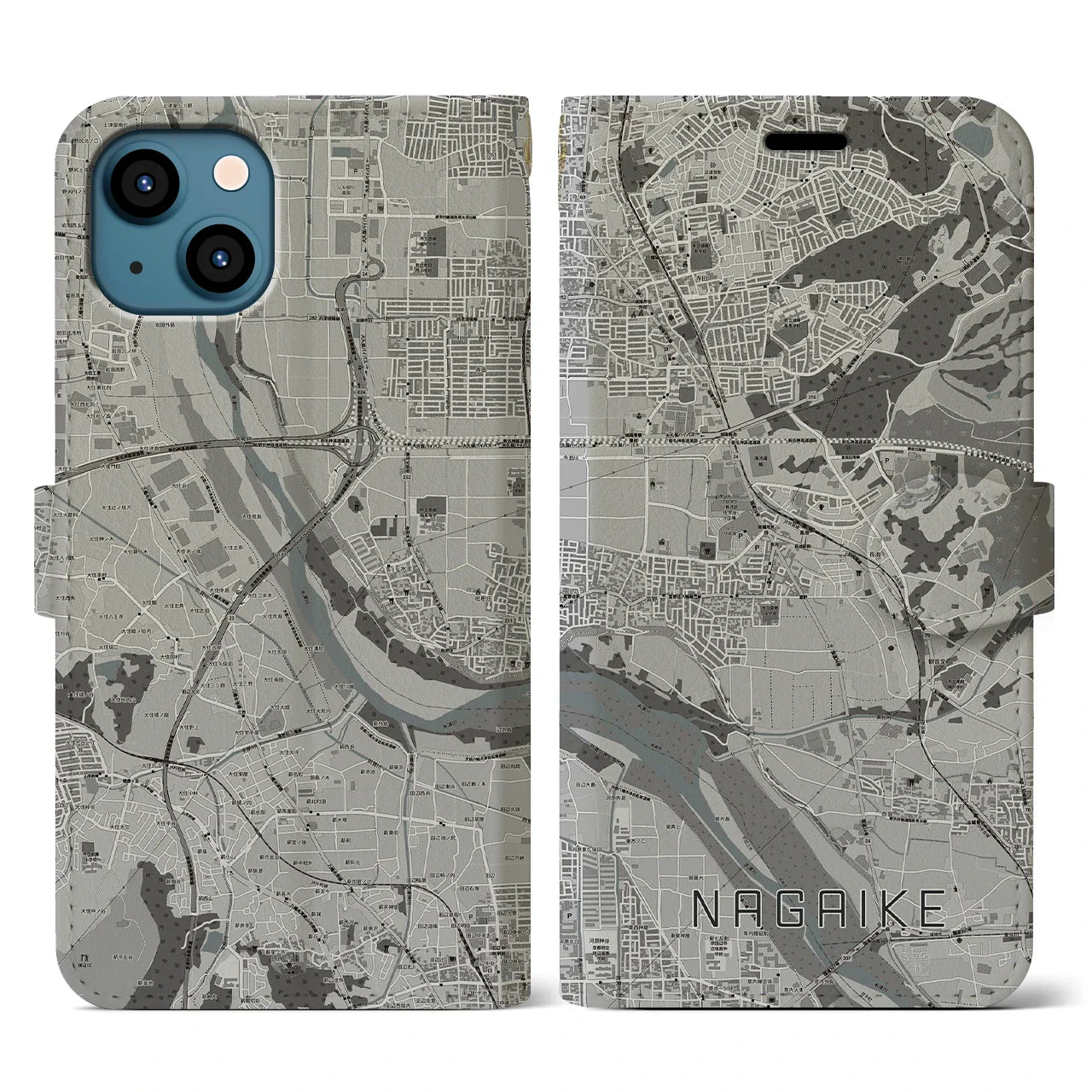 【長池(京都府)】地図柄iPhoneケース(手帳タイプ)モノトーン・iPhone 13 用