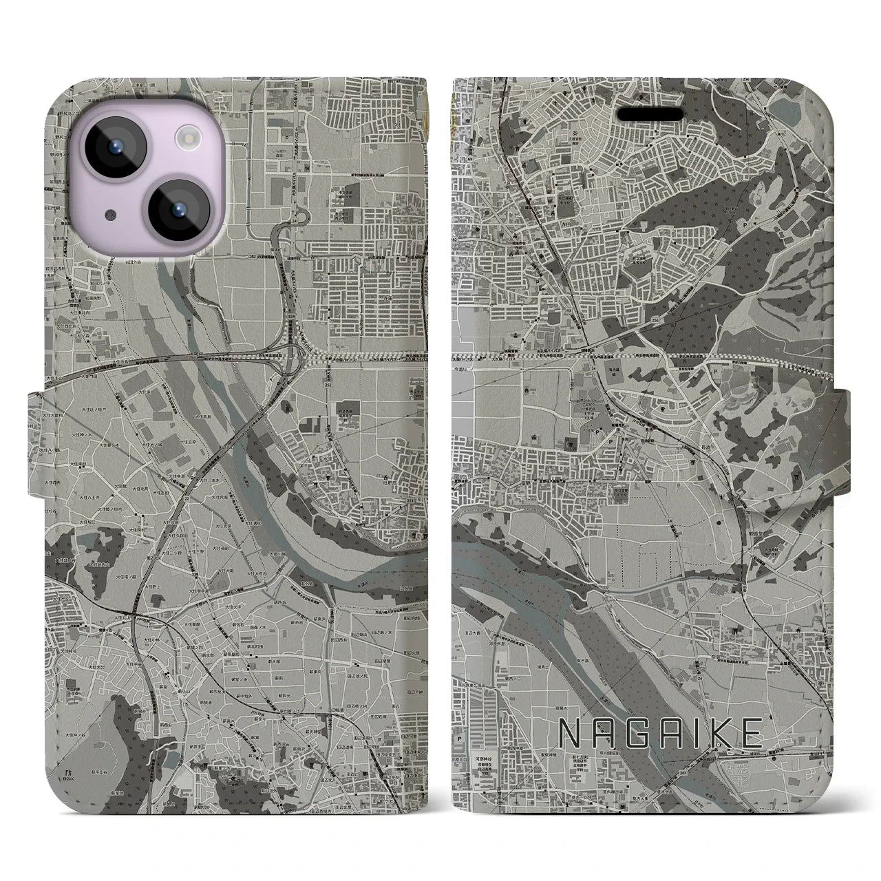 【長池(京都府)】地図柄iPhoneケース(手帳タイプ)モノトーン・iPhone 14 用