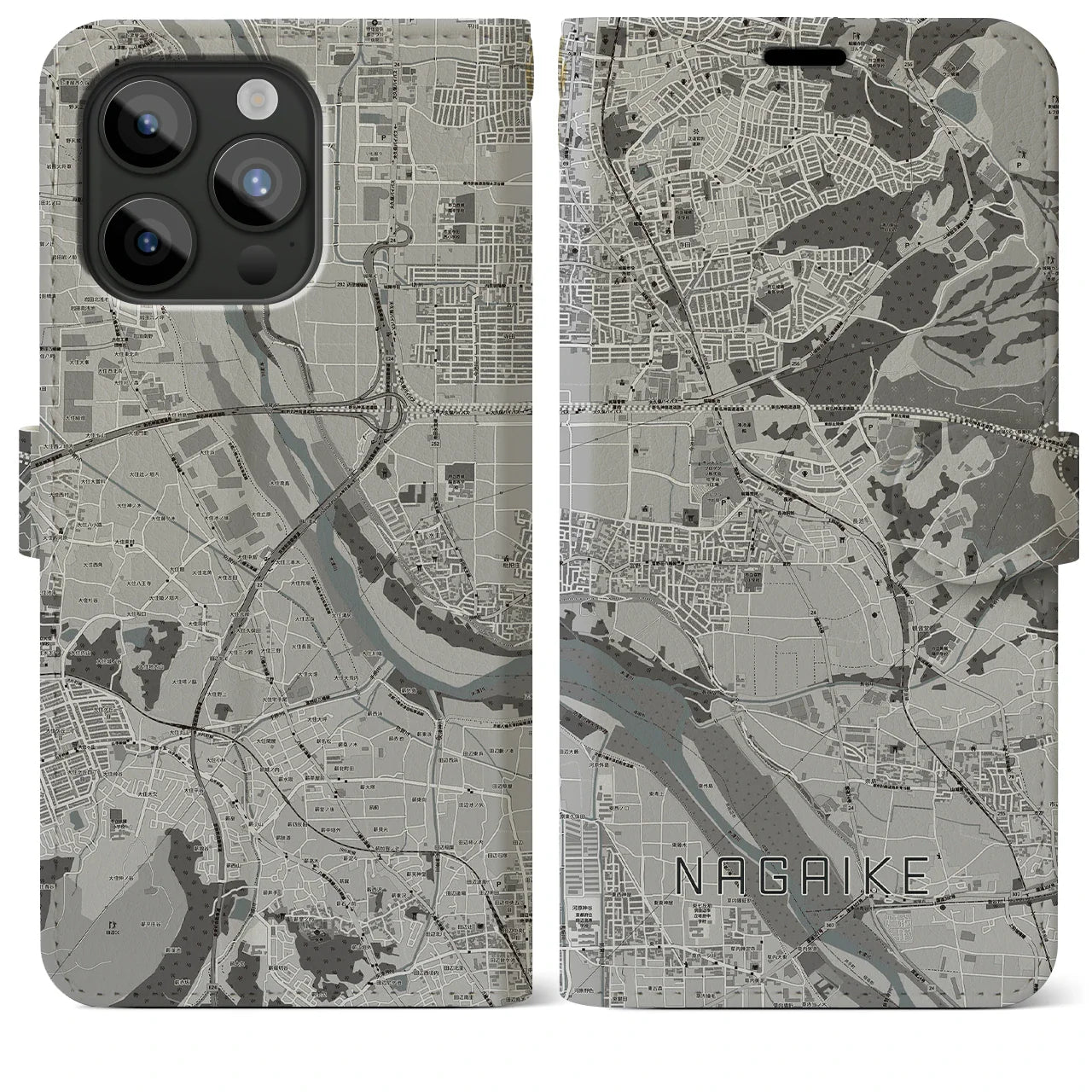 【長池(京都府)】地図柄iPhoneケース(手帳タイプ)モノトーン・iPhone 15 Pro Max 用