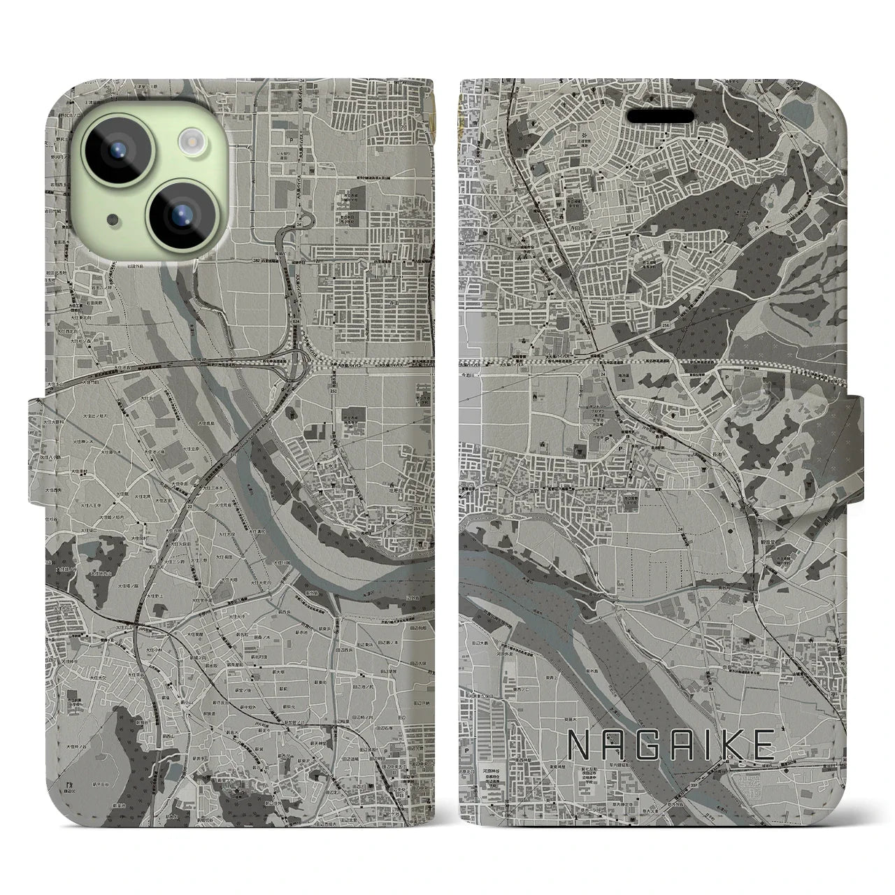 【長池(京都府)】地図柄iPhoneケース(手帳タイプ)モノトーン・iPhone 15 用