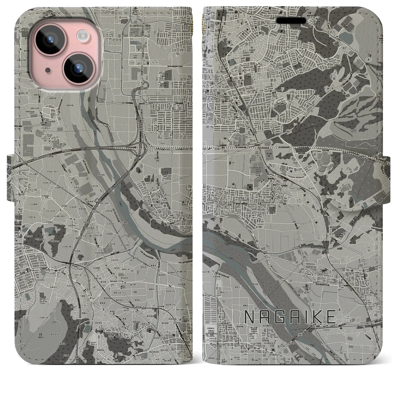 【長池(京都府)】地図柄iPhoneケース(手帳タイプ)モノトーン・iPhone 15 Plus 用
