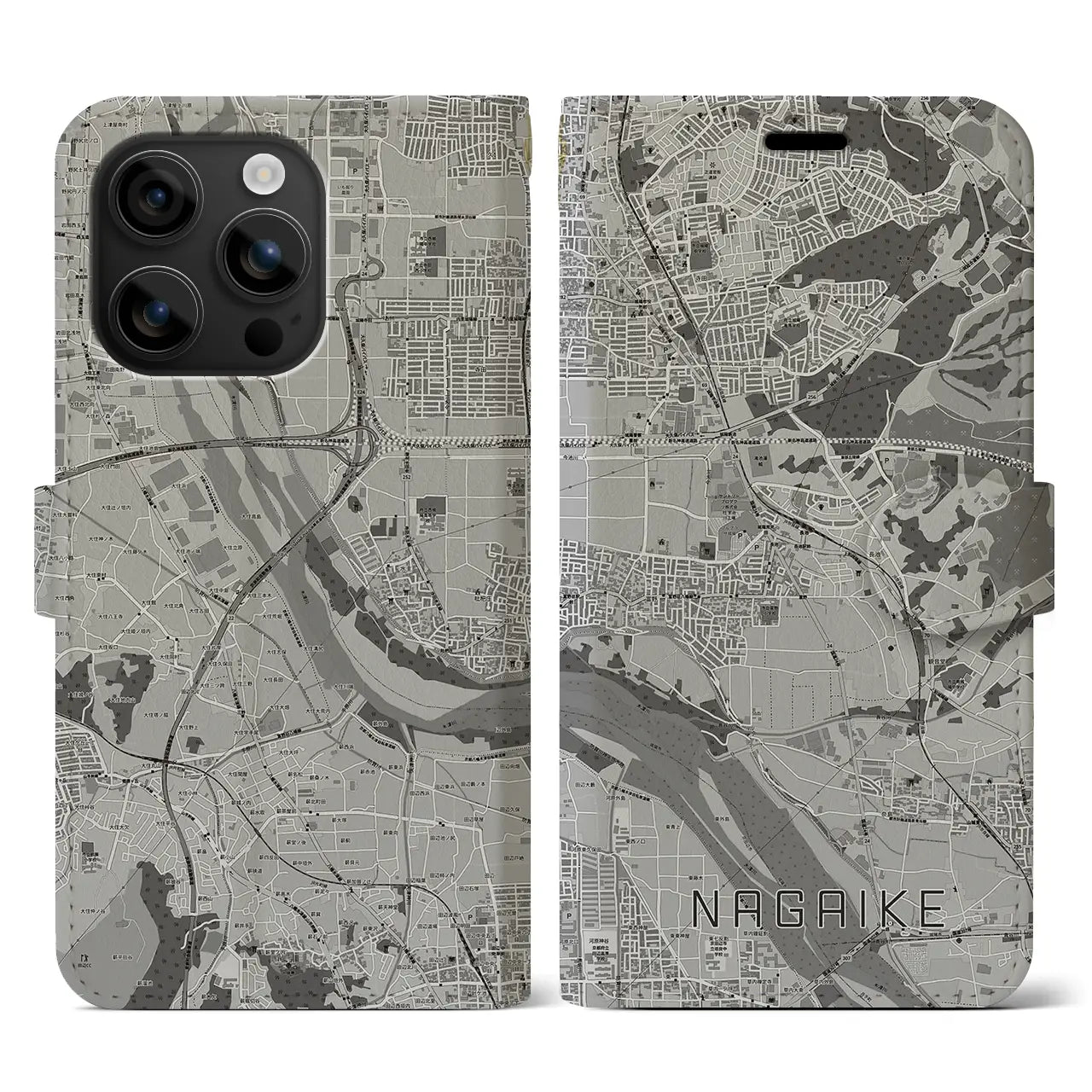 【長池(京都府)】地図柄iPhoneケース(手帳タイプ)モノトーン・iPhone 16 用