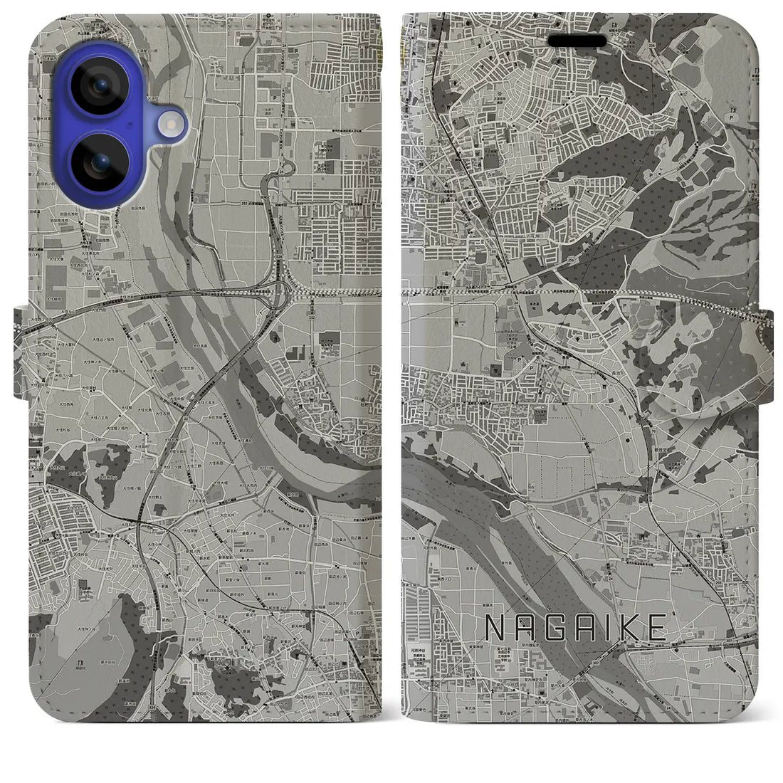 【長池(京都府)】地図柄iPhoneケース(手帳タイプ)モノトーン・iPhone 16 Pro Max 用