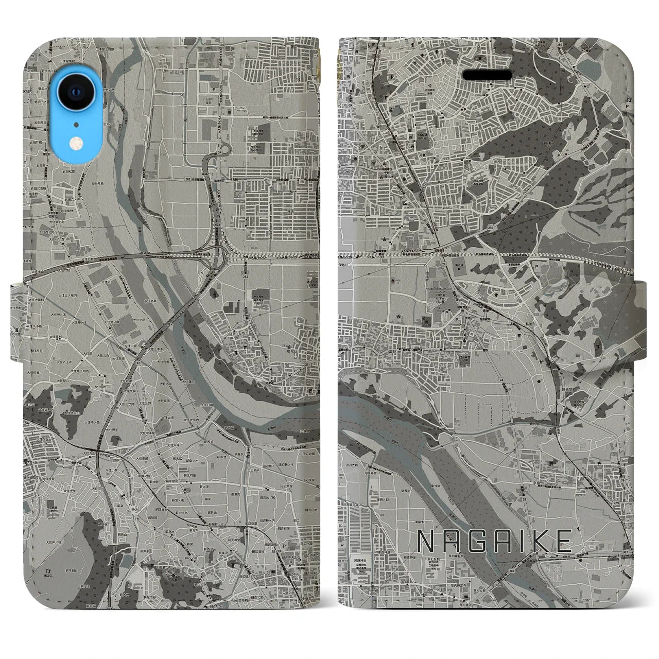 【長池(京都府)】地図柄iPhoneケース(手帳タイプ)モノトーン・iPhone XR 用