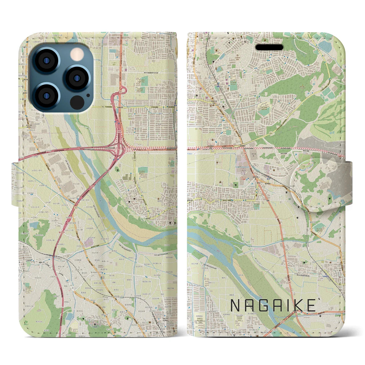 【長池(京都府)】地図柄iPhoneケース(手帳タイプ)ナチュラル・iPhone 12 / 12 Pro 用