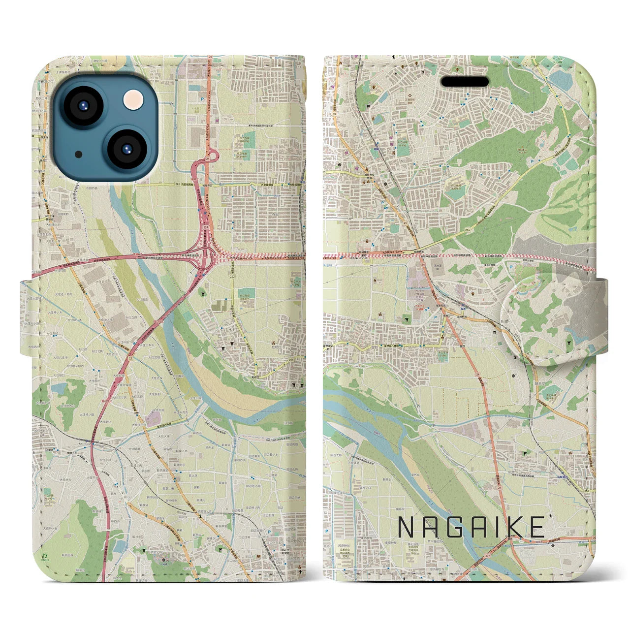 【長池(京都府)】地図柄iPhoneケース(手帳タイプ)ナチュラル・iPhone 13 用