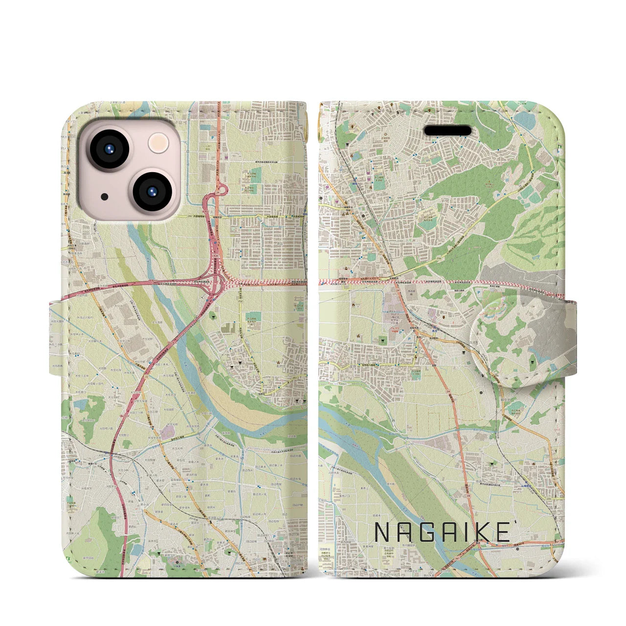 【長池(京都府)】地図柄iPhoneケース(手帳タイプ)ナチュラル・iPhone 13 mini 用