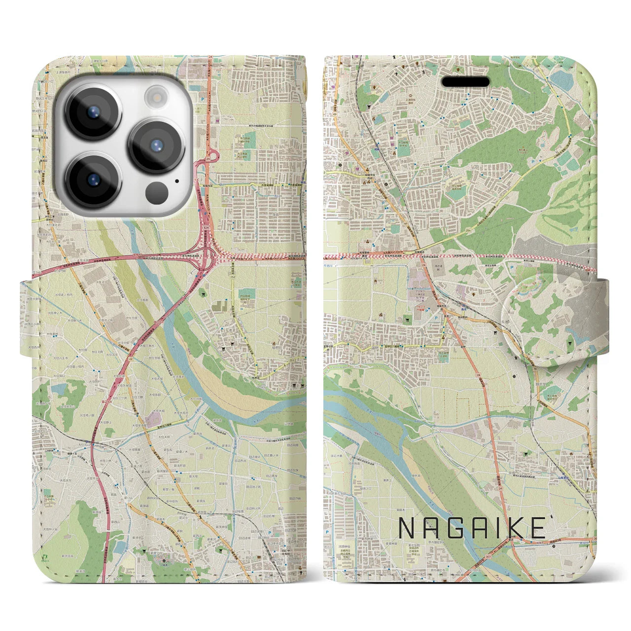 【長池(京都府)】地図柄iPhoneケース(手帳タイプ)ナチュラル・iPhone 14 Pro 用