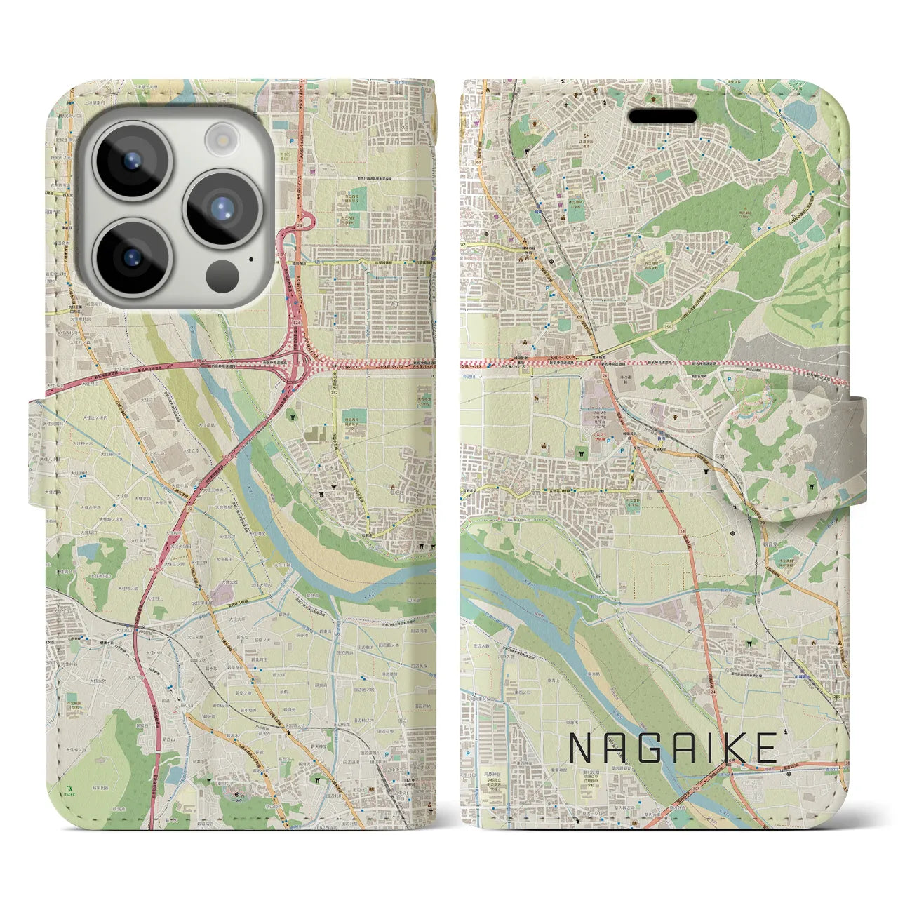 【長池(京都府)】地図柄iPhoneケース(手帳タイプ)ナチュラル・iPhone 15 Pro 用