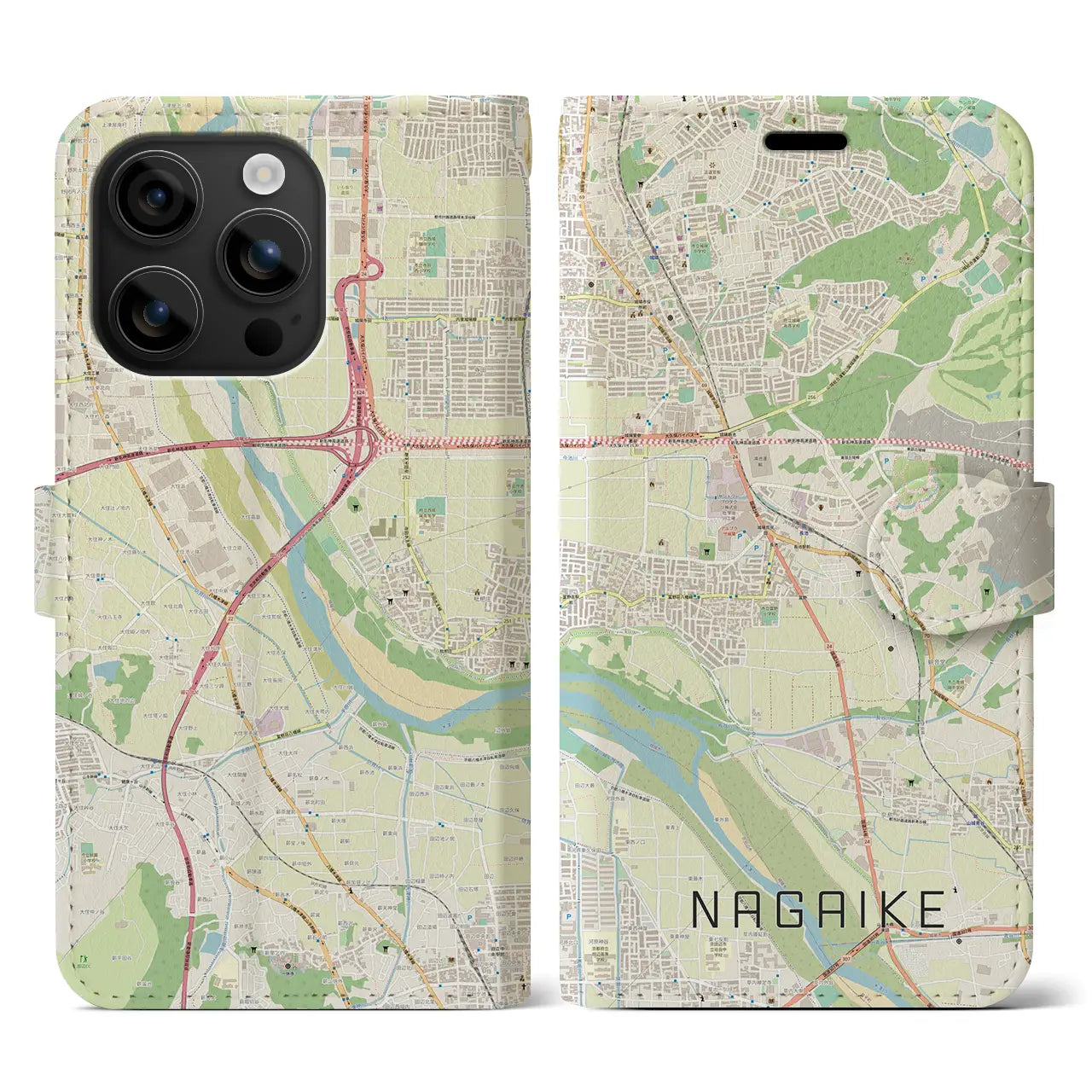 【長池(京都府)】地図柄iPhoneケース(手帳タイプ)ナチュラル・iPhone 16 用