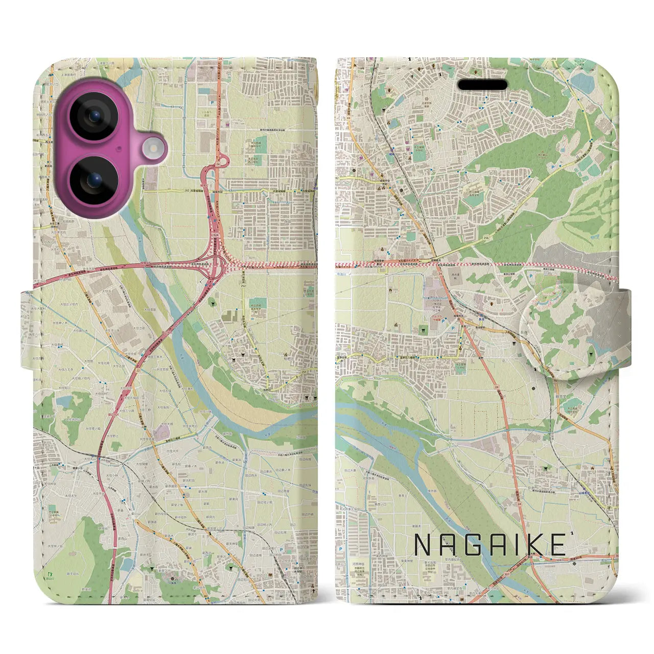 【長池(京都府)】地図柄iPhoneケース(手帳タイプ)ナチュラル・iPhone 16 Pro 用