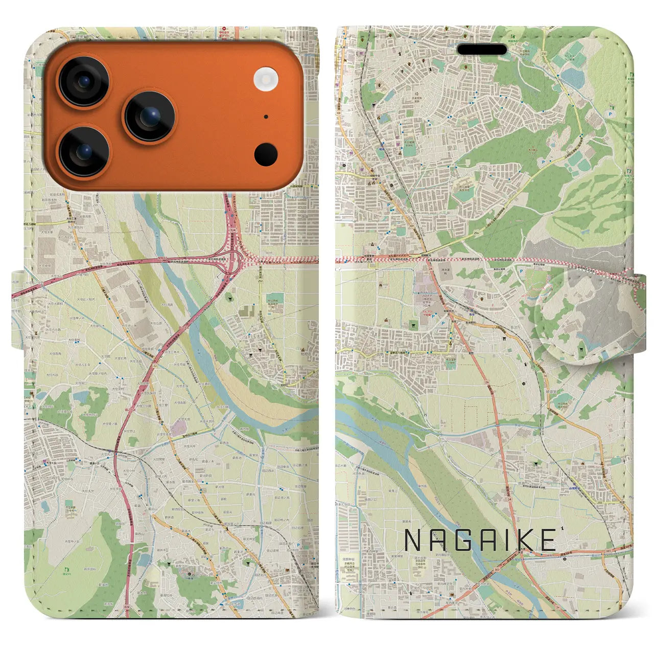 【長池(京都府)】地図柄iPhoneケース(手帳タイプ)ナチュラル・iPhone 17 Pro Max 用