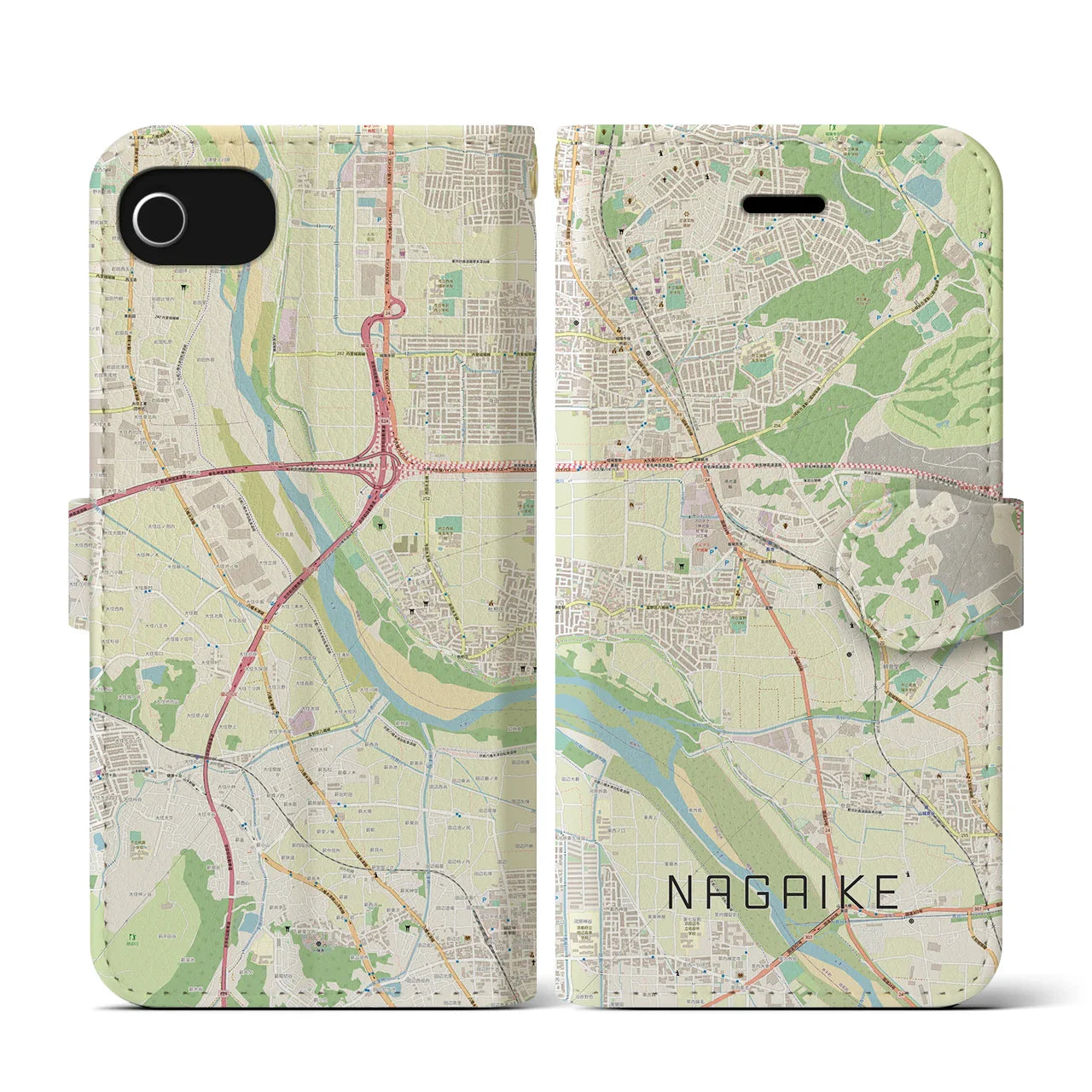 【長池(京都府)】地図柄iPhoneケース(手帳タイプ)ナチュラル・iPhone SE(第3 / 第2世代) / 8 / 7 / 6s / 6 用