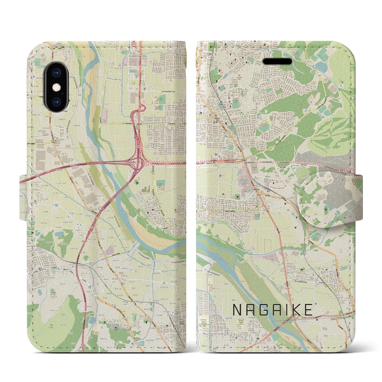 【長池(京都府)】地図柄iPhoneケース(手帳タイプ)ナチュラル・iPhone XS / X 用