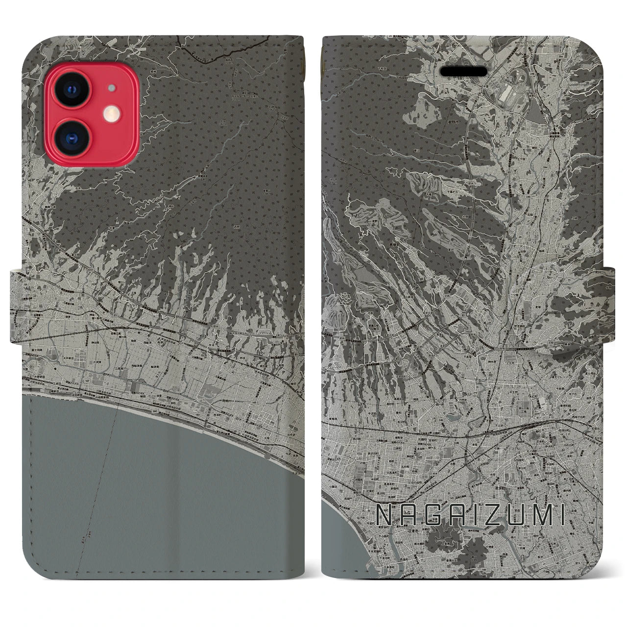 【長泉(静岡県)】地図柄iPhoneケース(手帳タイプ)モノトーン・iPhone 11 用
