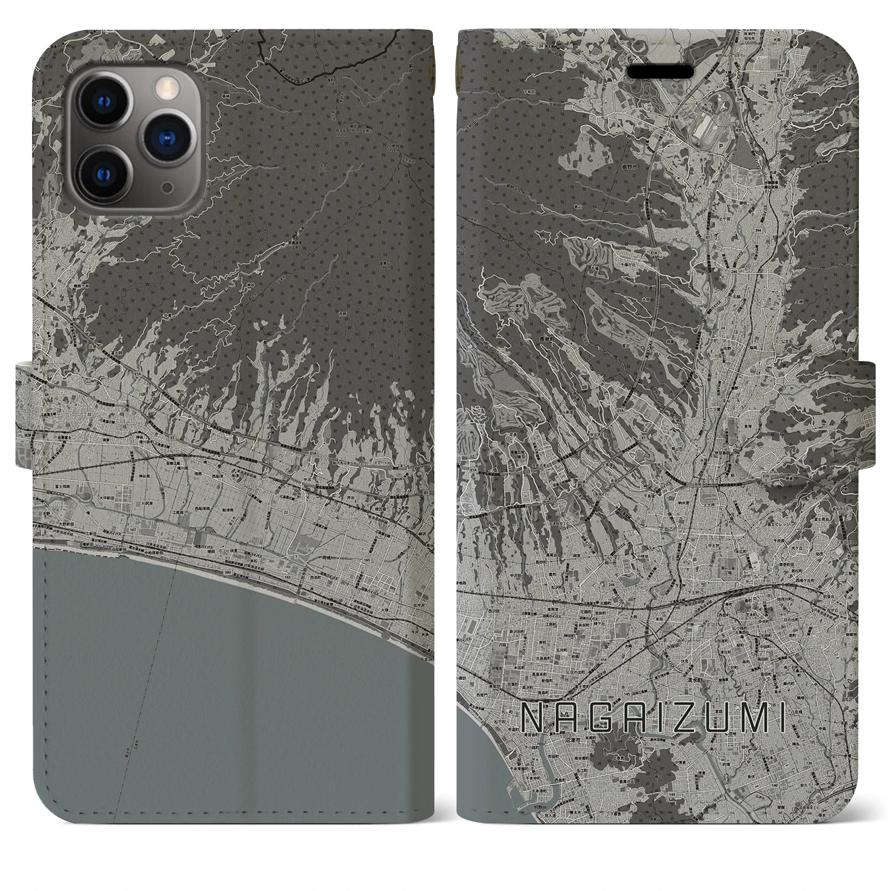 【長泉(静岡県)】地図柄iPhoneケース(手帳タイプ)モノトーン・iPhone 11 Pro Max 用