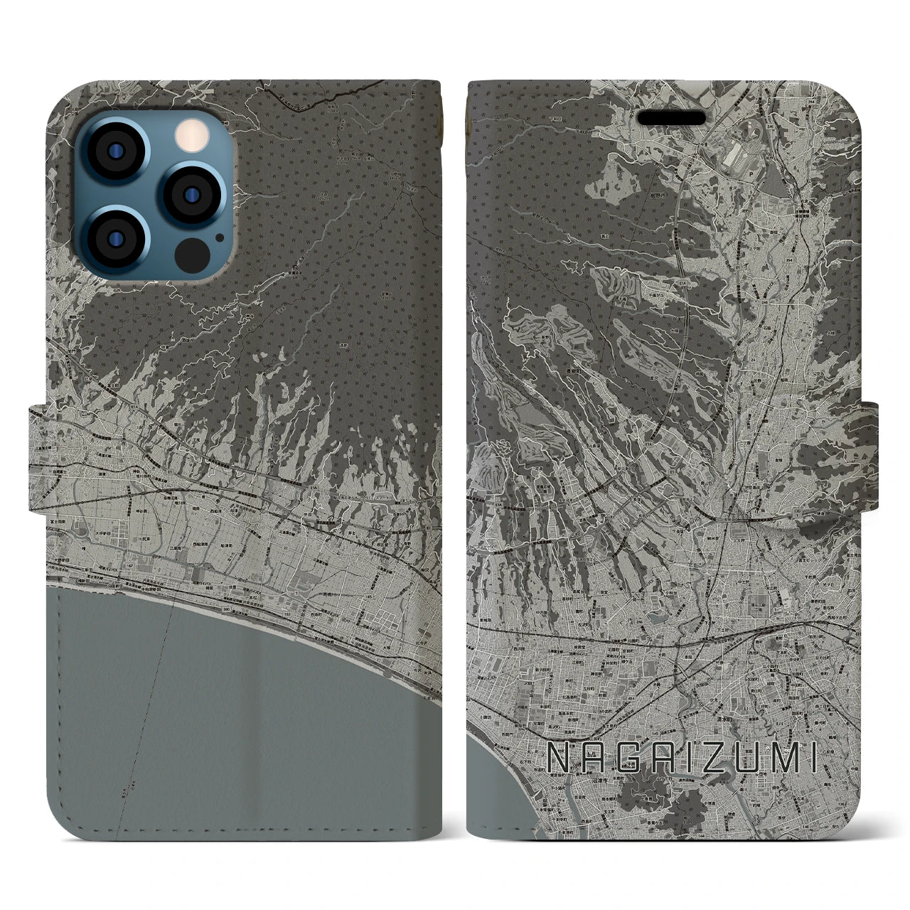 【長泉(静岡県)】地図柄iPhoneケース(手帳タイプ)モノトーン・iPhone 12 / 12 Pro 用