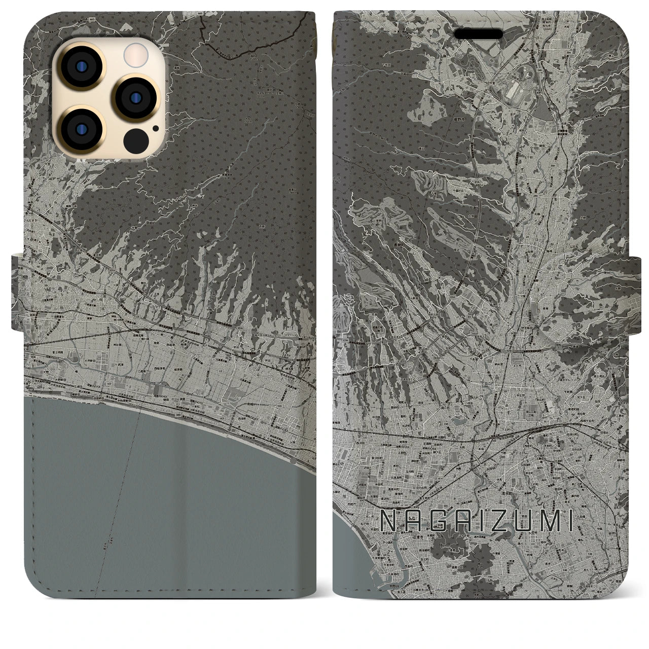 【長泉(静岡県)】地図柄iPhoneケース(手帳タイプ)モノトーン・iPhone 12 Pro Max 用
