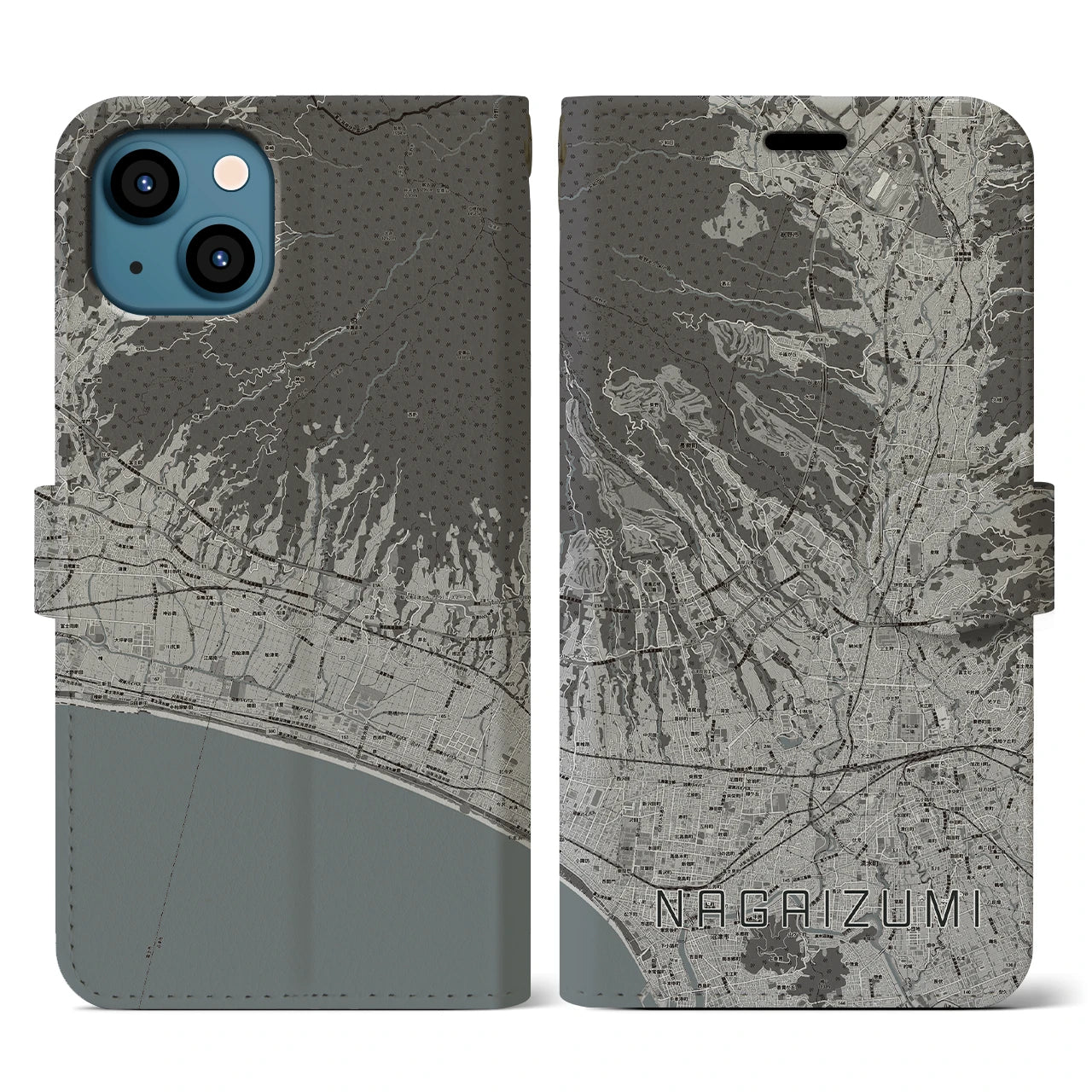 【長泉(静岡県)】地図柄iPhoneケース(手帳タイプ)モノトーン・iPhone 13 用