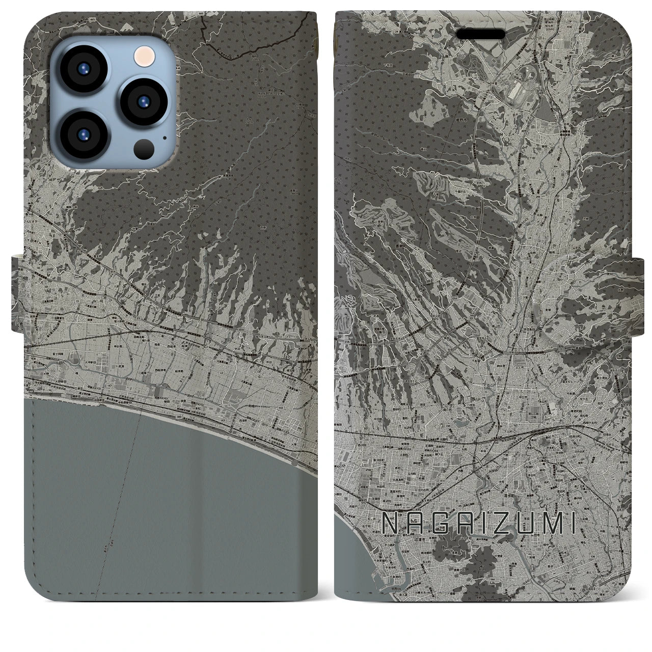 【長泉(静岡県)】地図柄iPhoneケース(手帳タイプ)モノトーン・iPhone 13 Pro Max 用