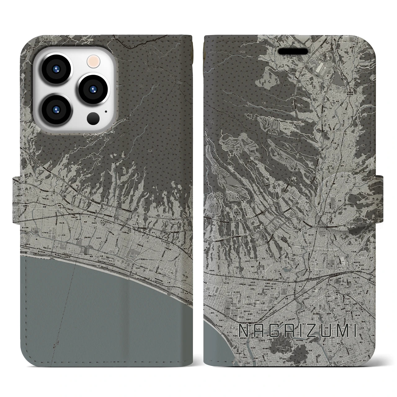 【長泉(静岡県)】地図柄iPhoneケース(手帳タイプ)モノトーン・iPhone 13 Pro 用