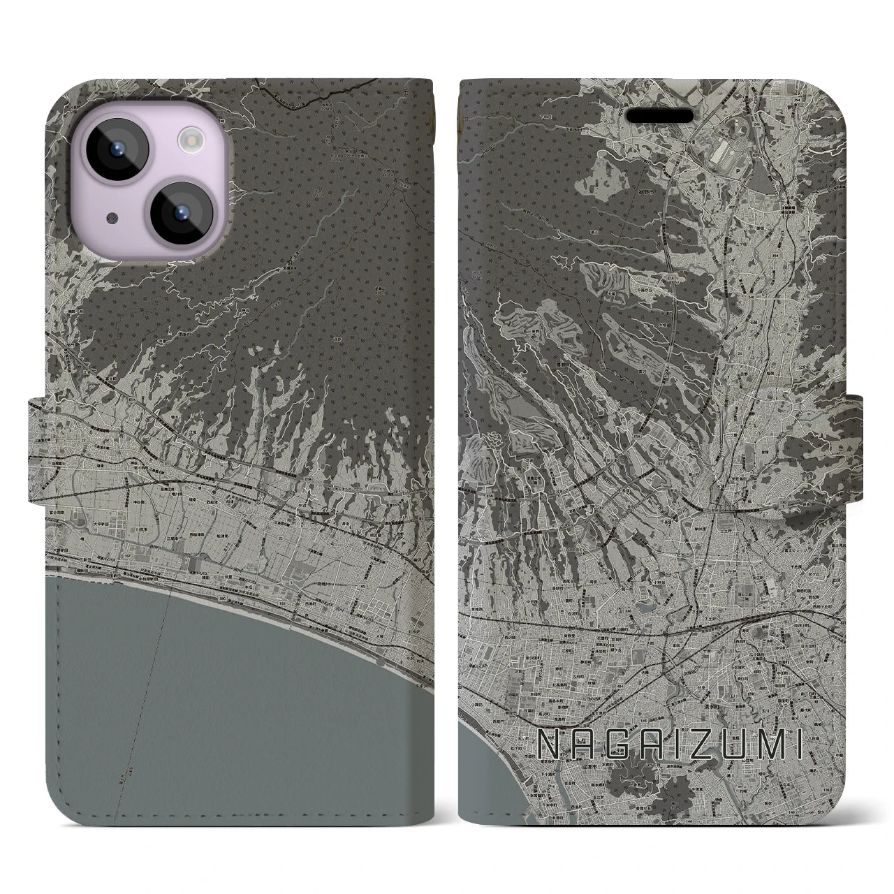 【長泉(静岡県)】地図柄iPhoneケース(手帳タイプ)モノトーン・iPhone 14 用