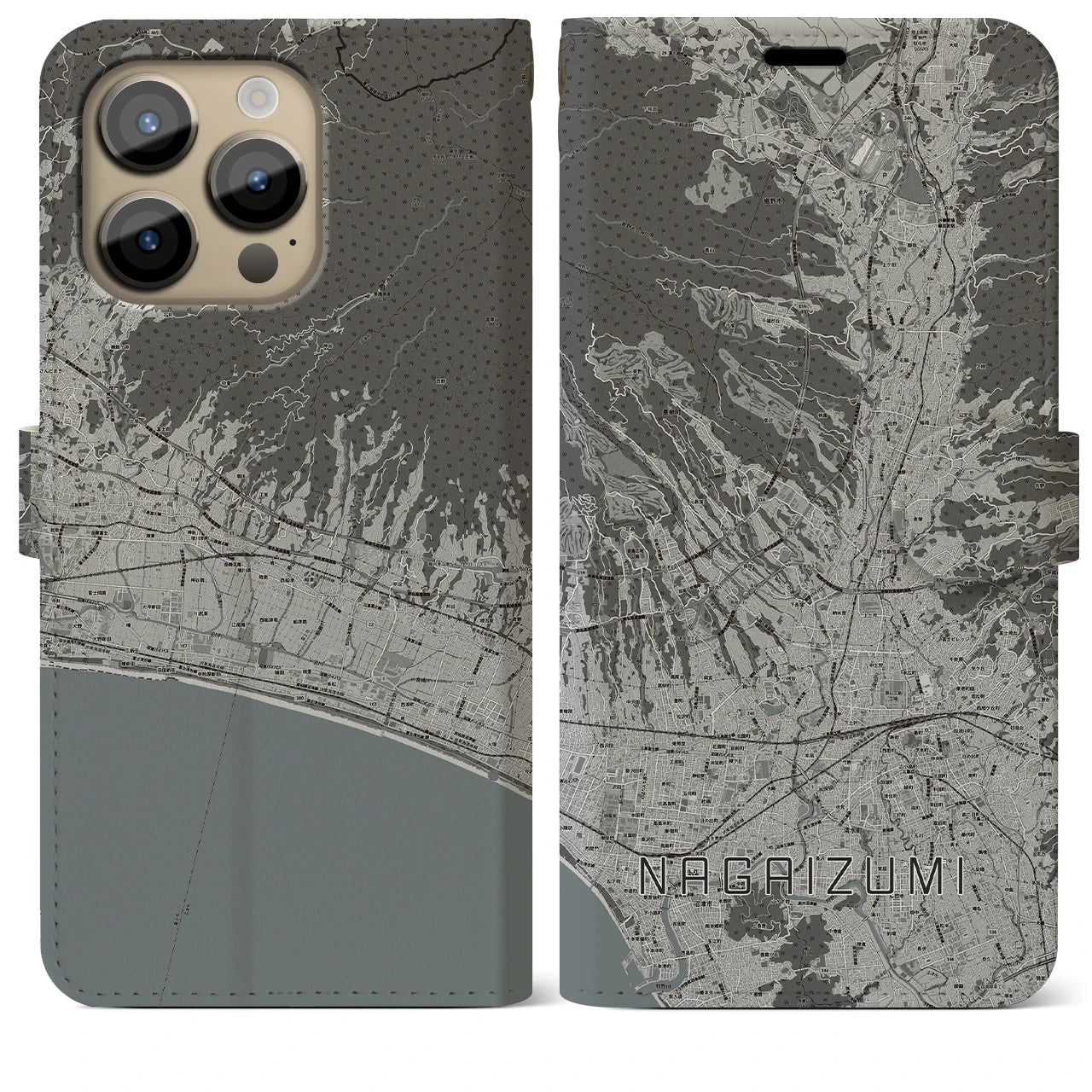 【長泉(静岡県)】地図柄iPhoneケース(手帳タイプ)モノトーン・iPhone 14 Pro Max 用
