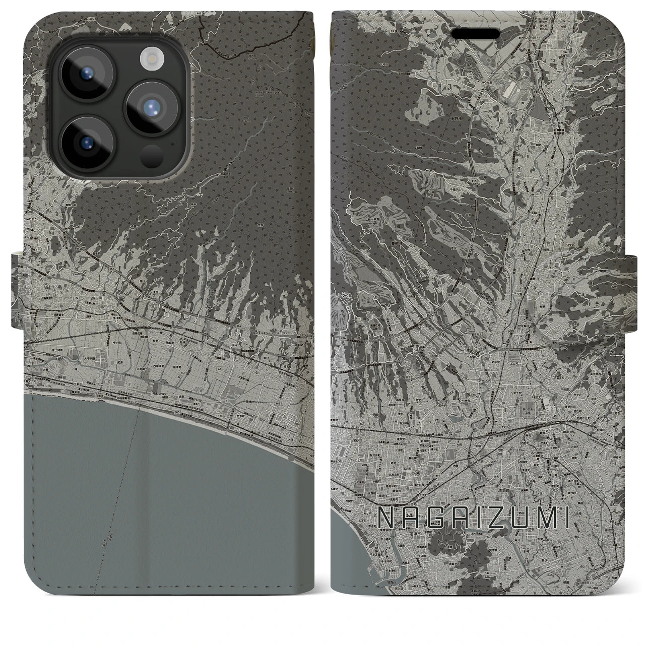 【長泉(静岡県)】地図柄iPhoneケース(手帳タイプ)モノトーン・iPhone 15 Pro Max 用
