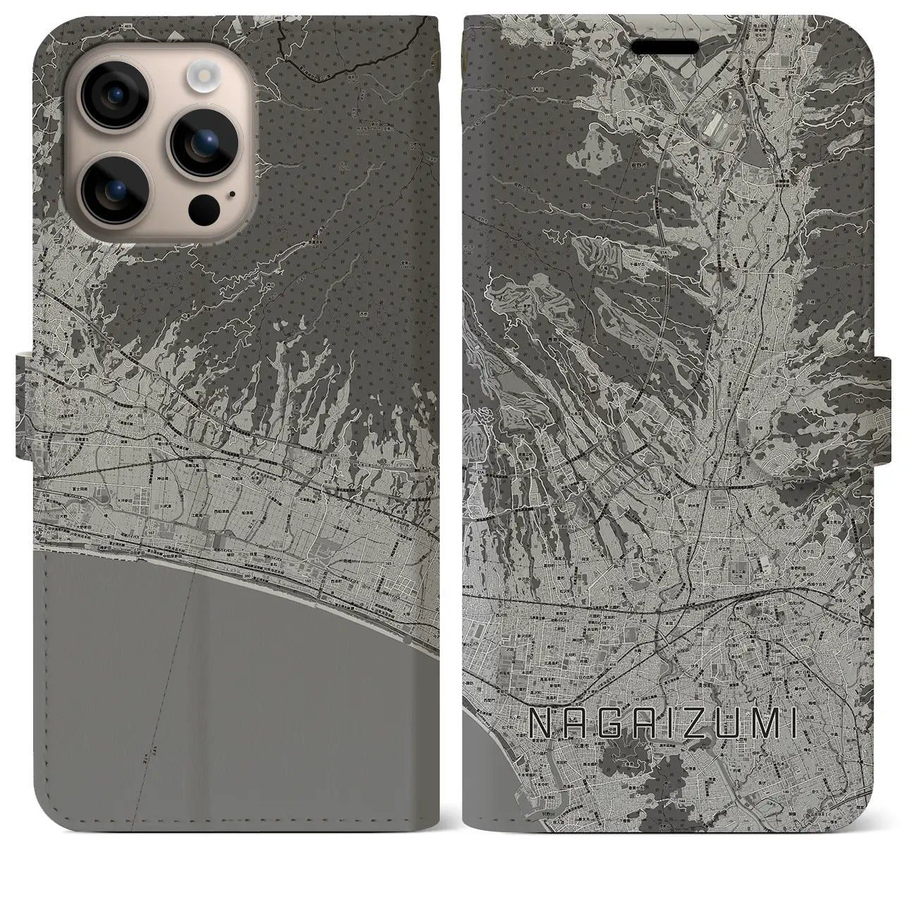 【長泉(静岡県)】地図柄iPhoneケース(手帳タイプ)モノトーン・iPhone 16 Plus 用