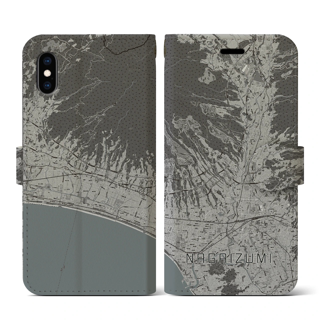 【長泉(静岡県)】地図柄iPhoneケース(手帳タイプ)モノトーン・iPhone XS / X 用