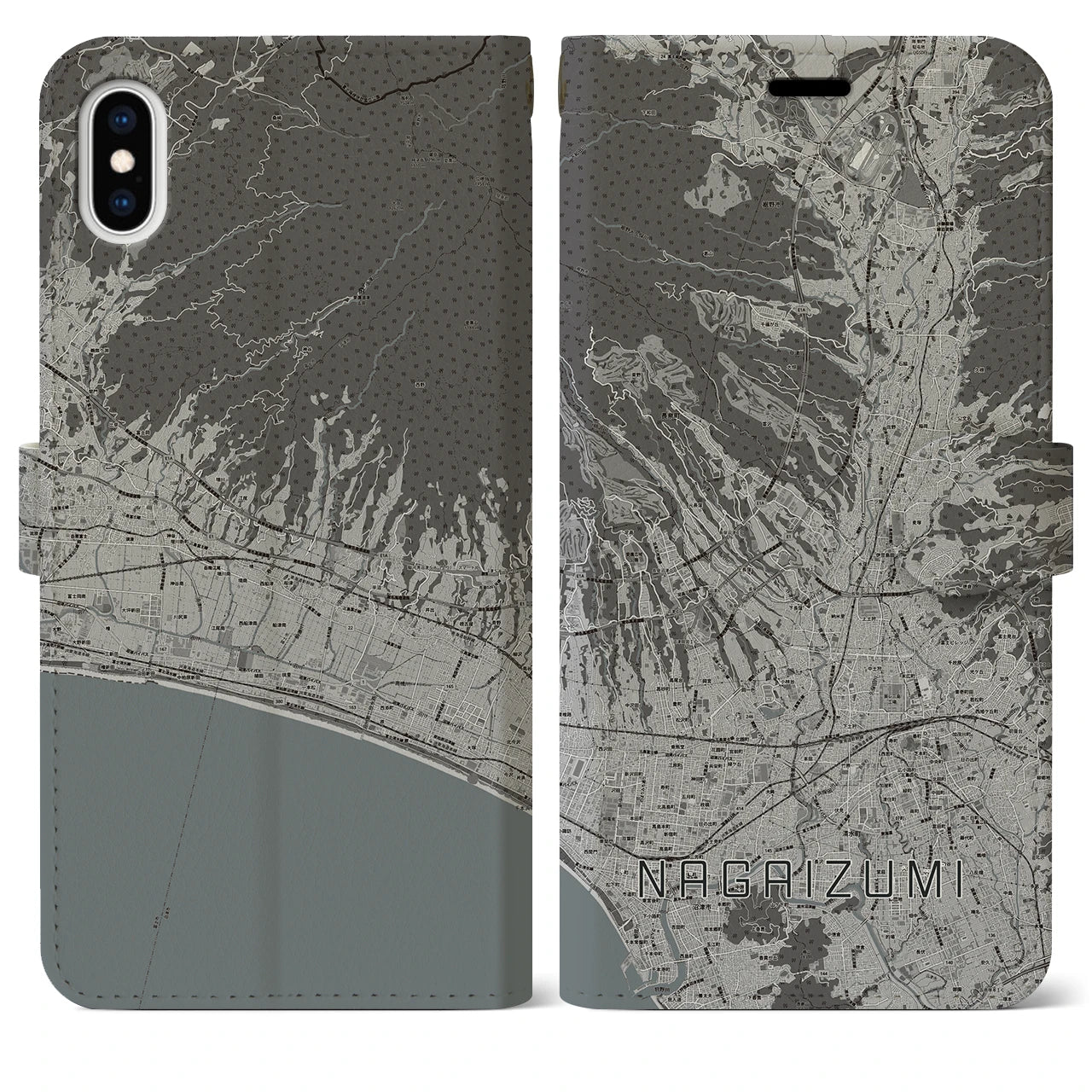 【長泉(静岡県)】地図柄iPhoneケース(手帳タイプ)モノトーン・iPhone XS Max 用