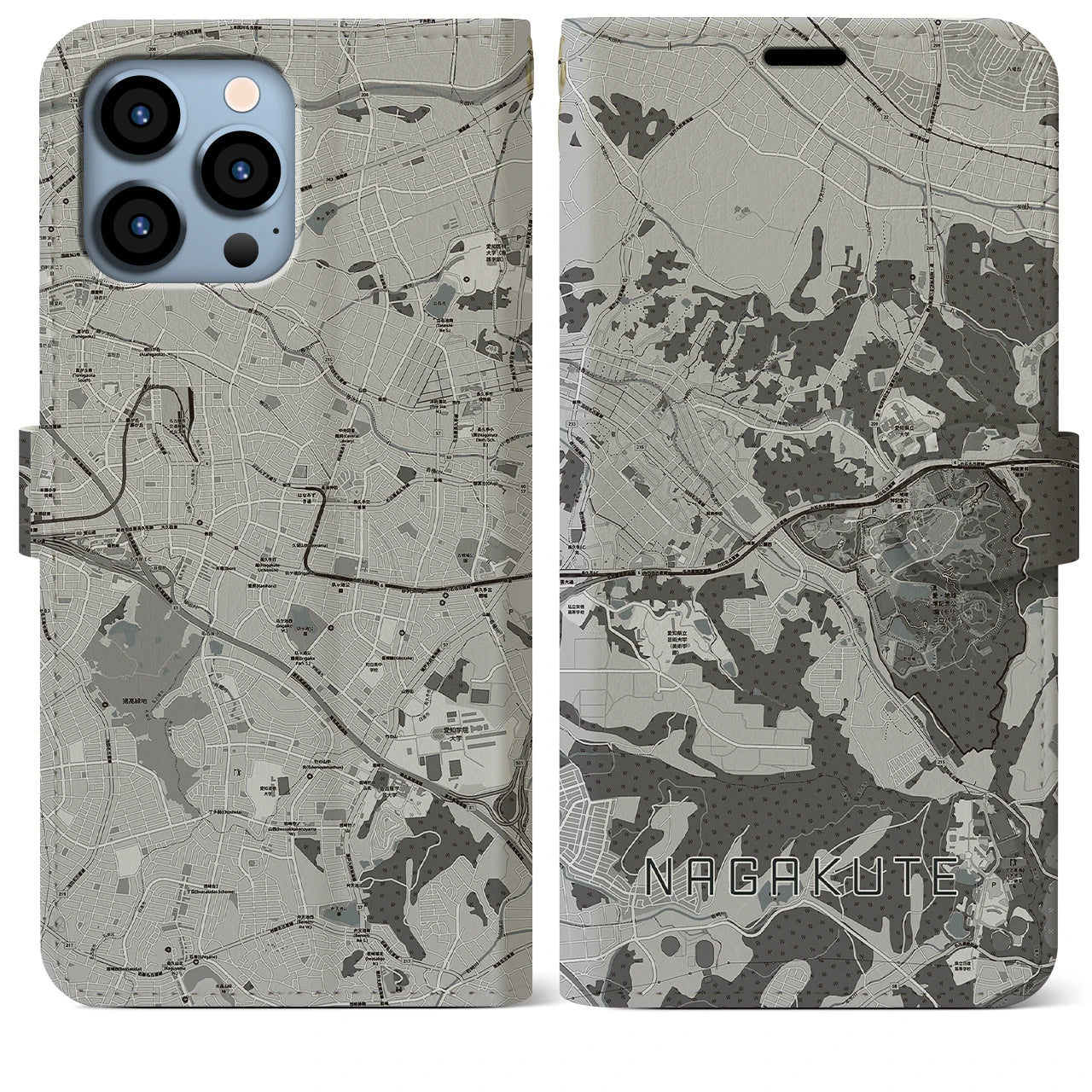 【長久手(愛知県)】地図柄iPhoneケース(手帳タイプ)モノトーン・iPhone 13 Pro Max 用