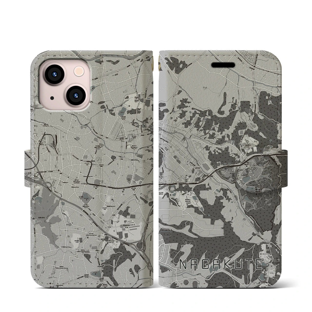【長久手(愛知県)】地図柄iPhoneケース(手帳タイプ)モノトーン・iPhone 13 mini 用