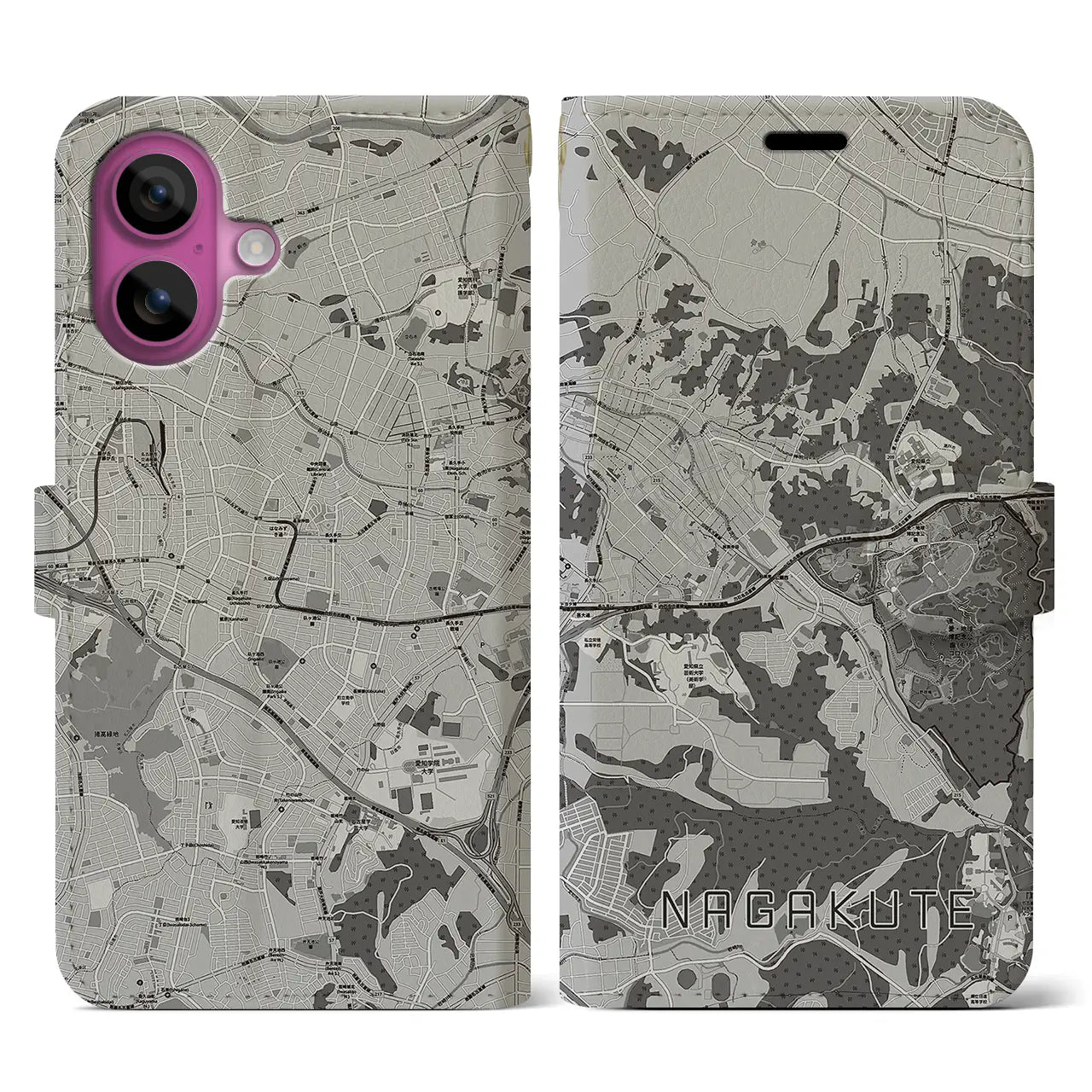 【長久手(愛知県)】地図柄iPhoneケース(手帳タイプ)モノトーン・iPhone 16 Pro 用