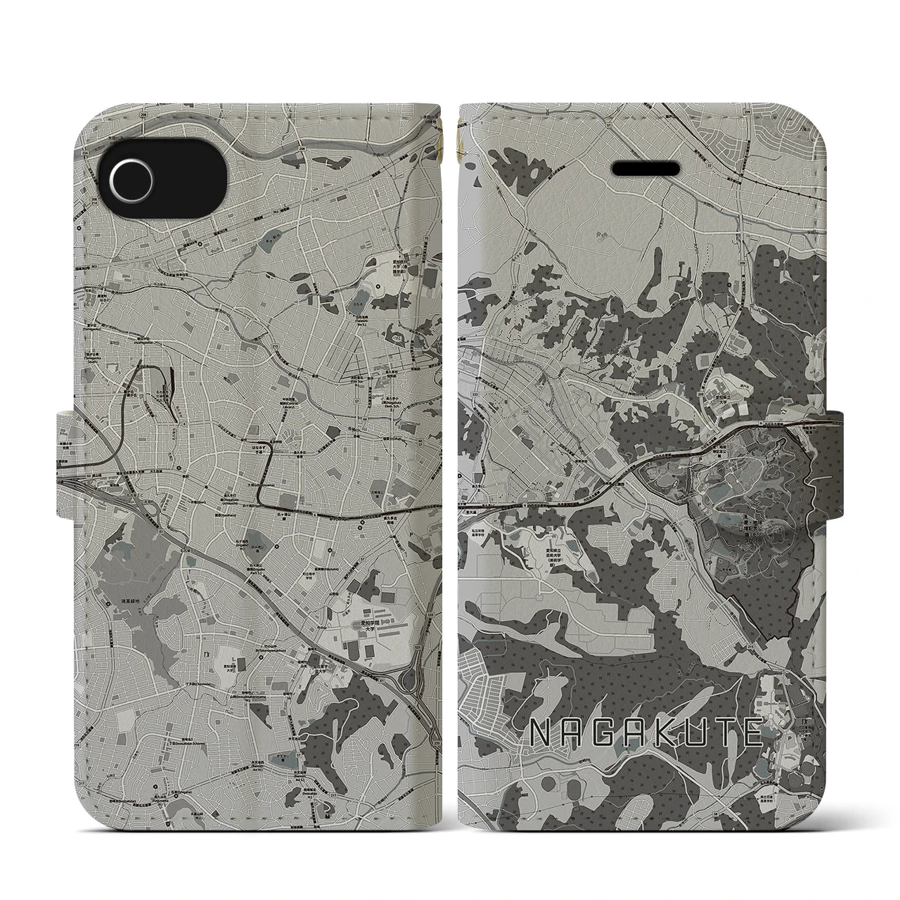 【長久手(愛知県)】地図柄iPhoneケース(手帳タイプ)モノトーン・iPhone SE(第3 / 第2世代) / 8 / 7 / 6s / 6 用