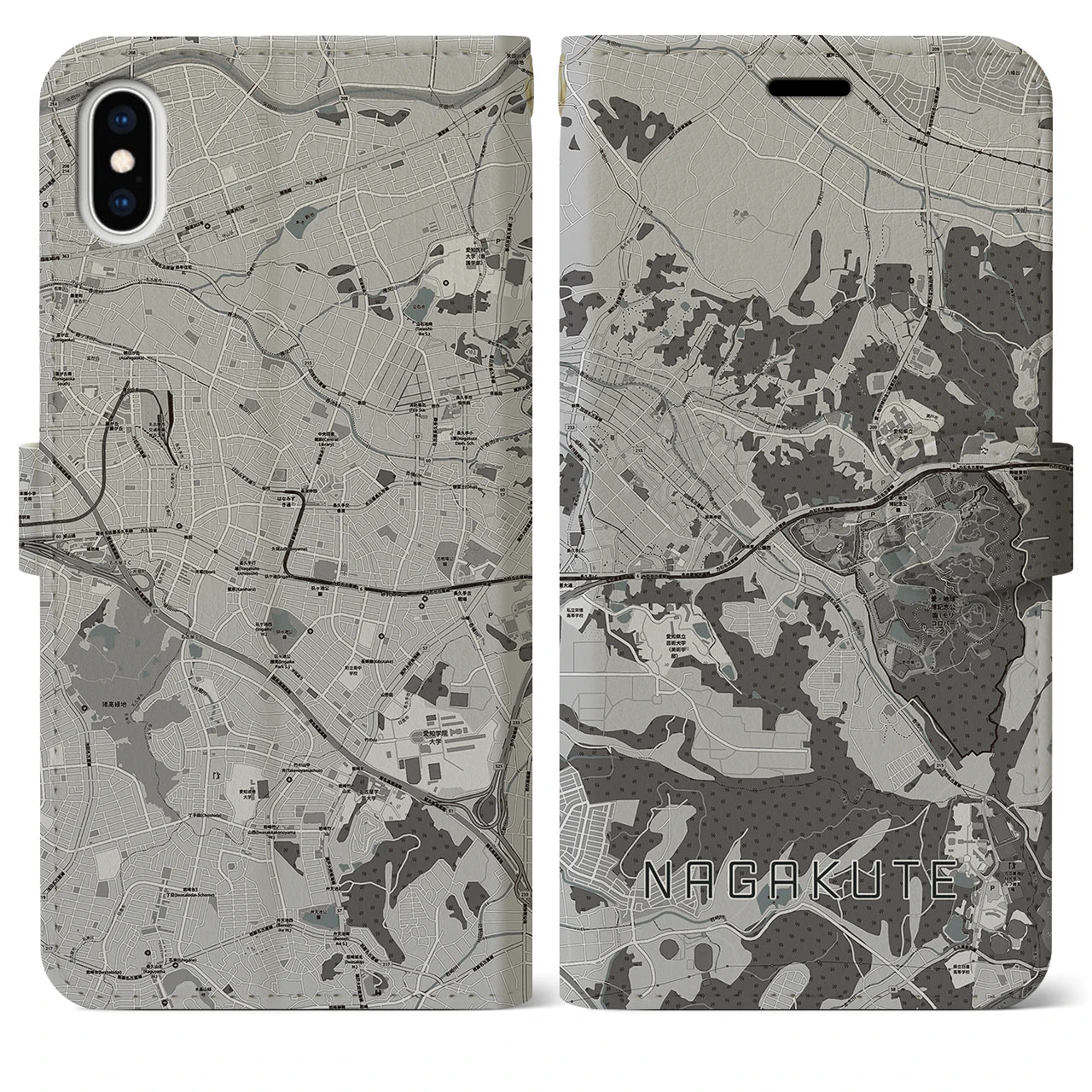 【長久手(愛知県)】地図柄iPhoneケース(手帳タイプ)モノトーン・iPhone XS Max 用
